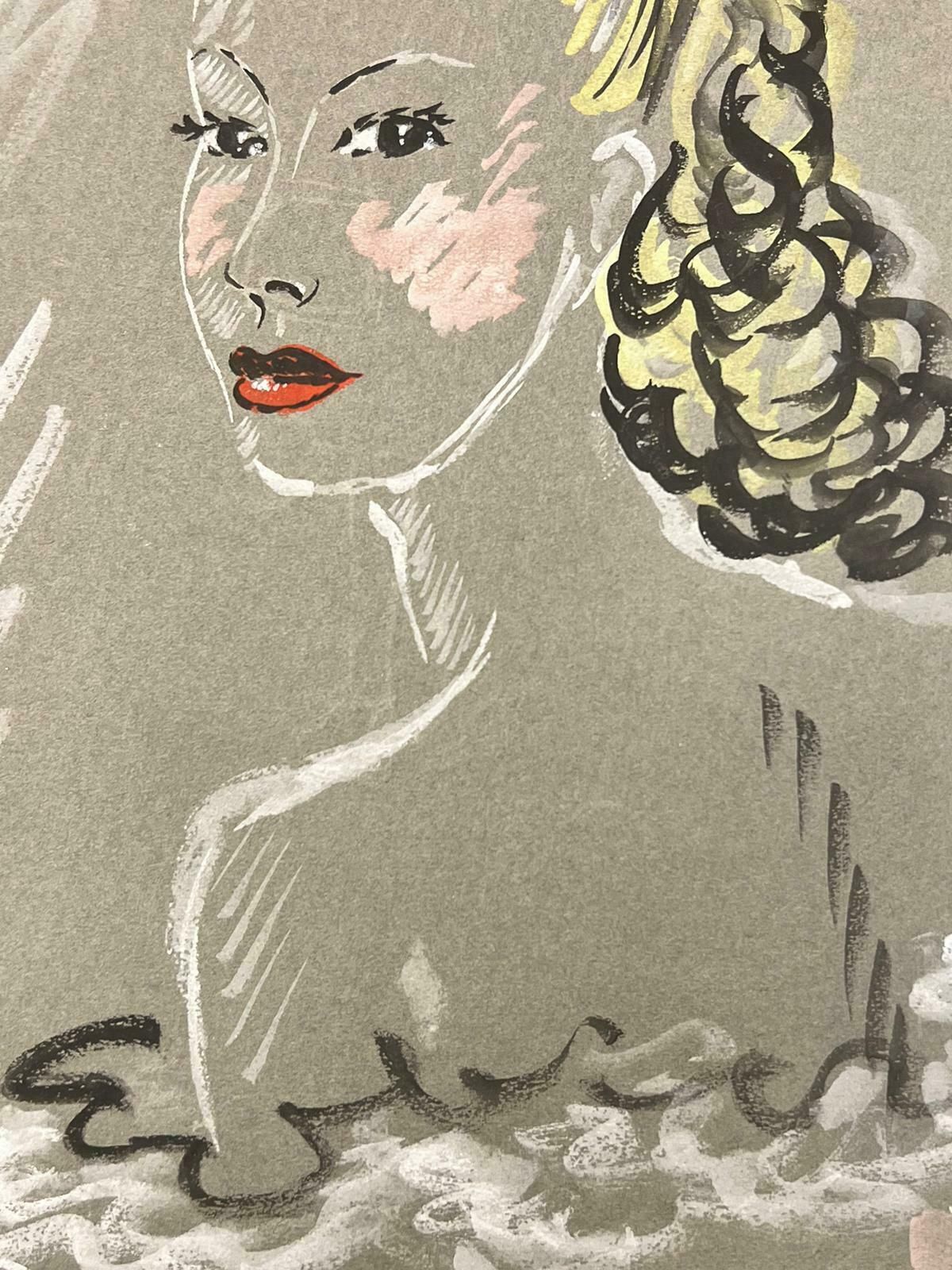 Josine Vignon1950’s Fashion Illustration Original Portrait Of A Blonde Curly Haired Lady 1960's photo furniture