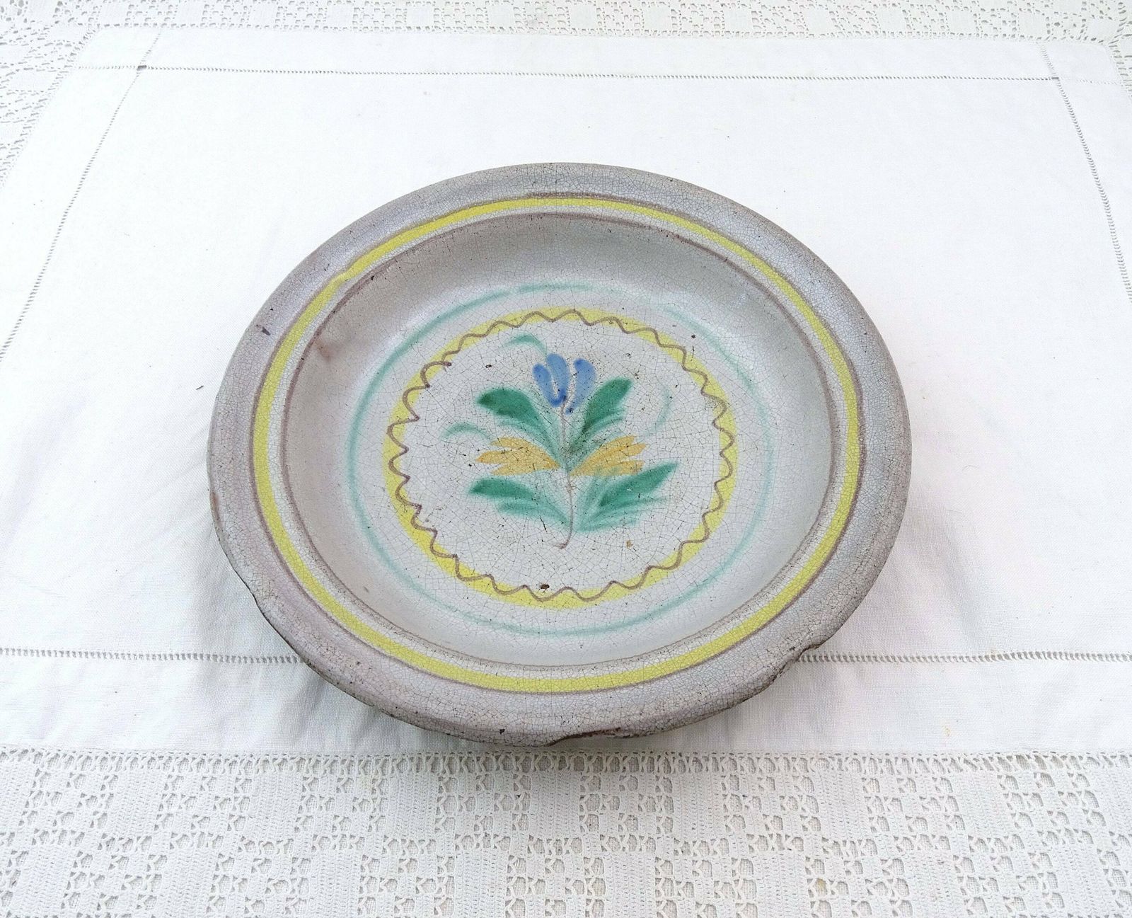 Antique French Primitive Hand Painted 1800s Large Pottery Fruit Dish With Flower Pattern, Vintage Farmhouse Country Rustic Glazed China Bowl