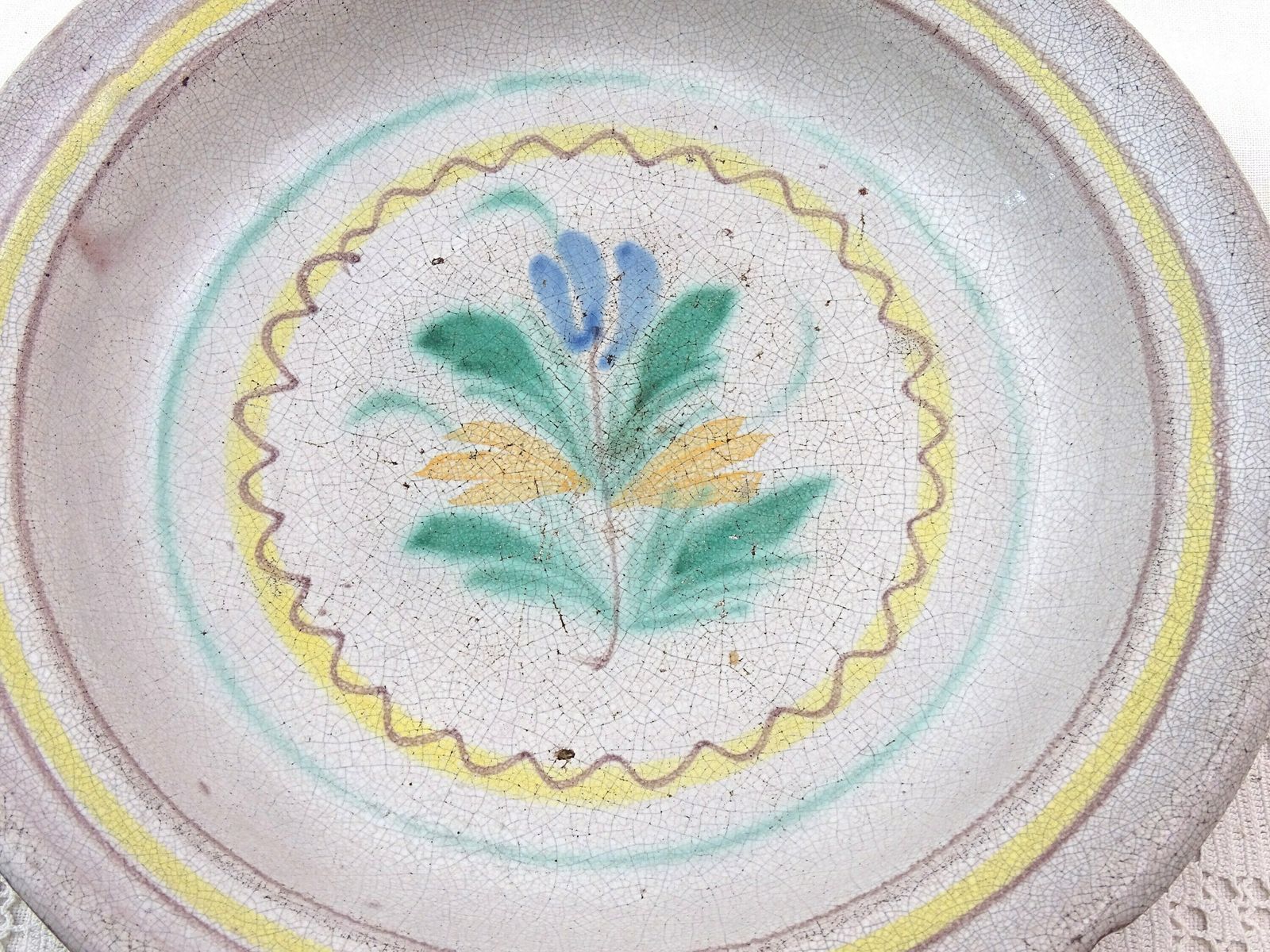 Antique French Primitive Hand Painted 1800s Large Pottery Fruit Dish With Flower Pattern, Vintage Farmhouse Country Rustic Glazed China Bowl photo furniture