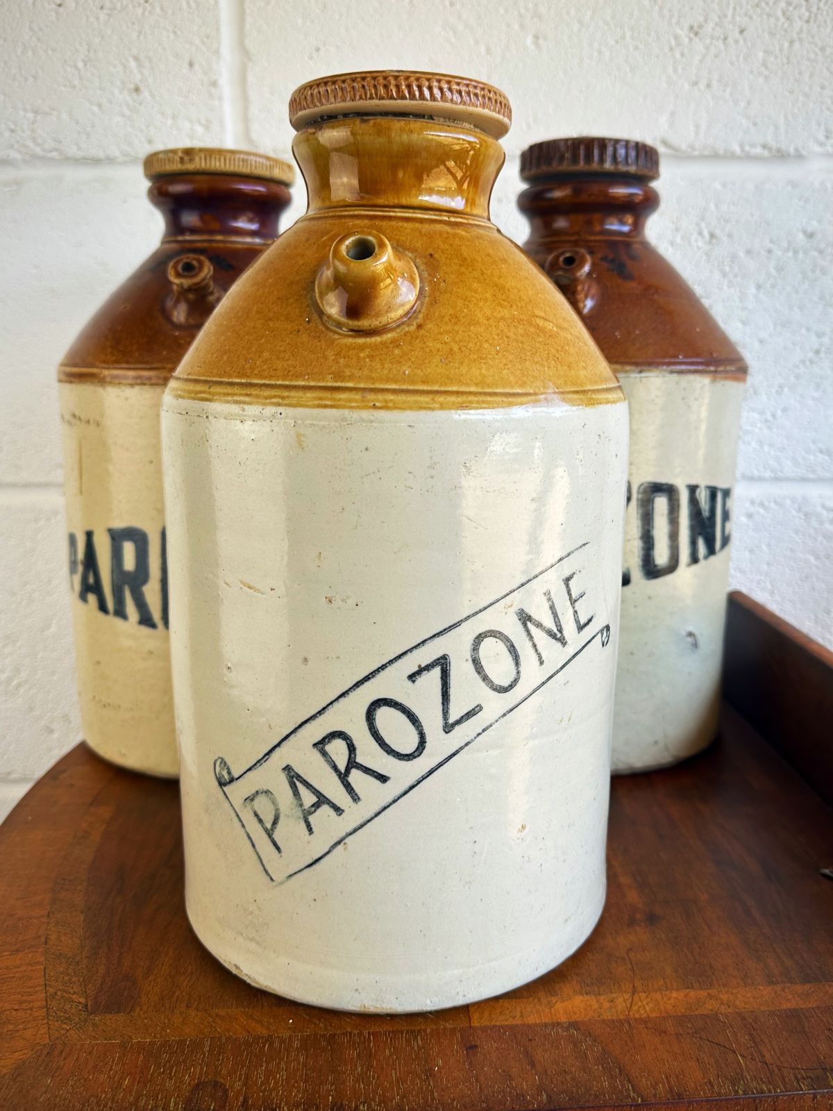 Home Decor Trio Of Late 19th Century Parozone Glasgow Stoneware Flagons, Industrial Look photo