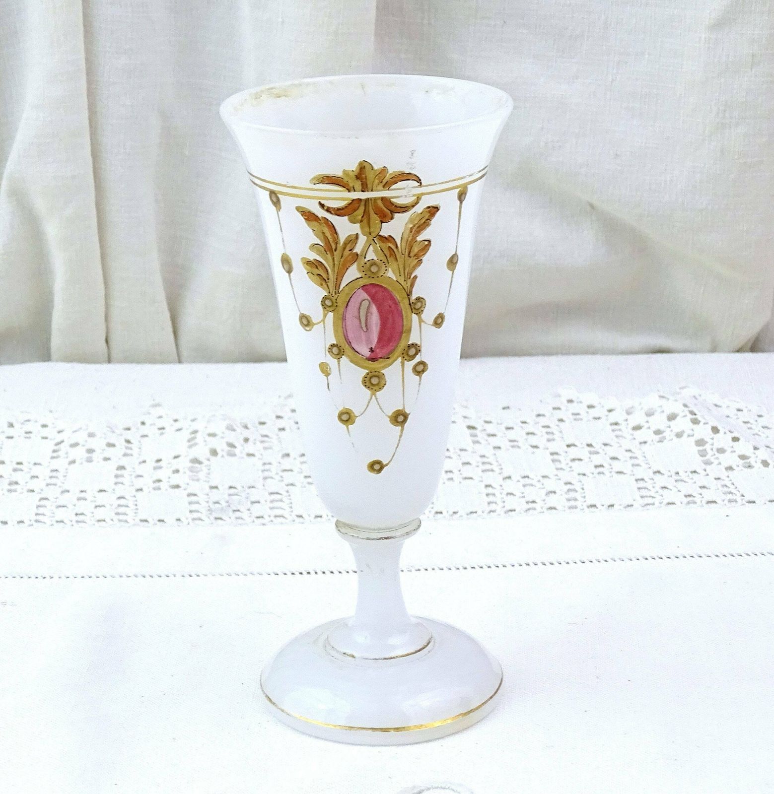 Antique French 19th Century Hand Painted White Opaline Footed Champagne Glass, Vintage Collectible 1800s Milk Glass Vase From France photo furniture