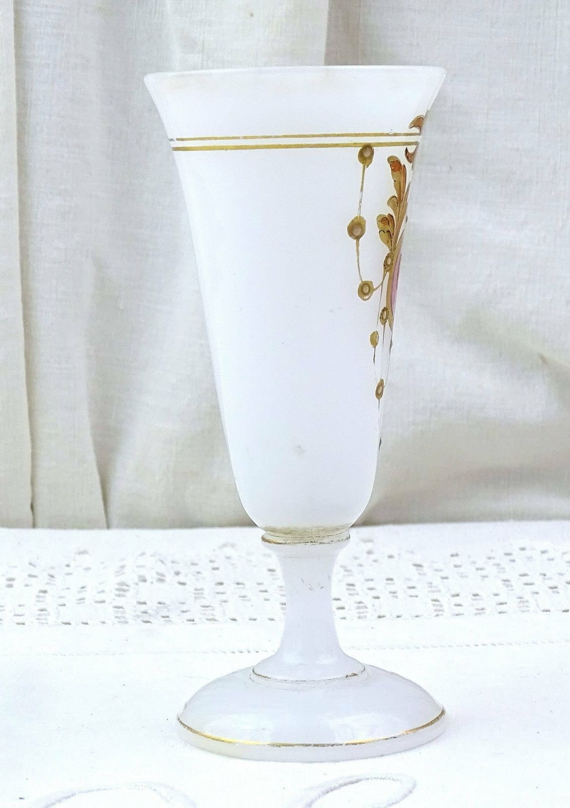Antique French 19th Century Hand Painted White Opaline Footed Champagne Glass, Vintage Collectible 1800s Milk Glass Vase From France photo for sale