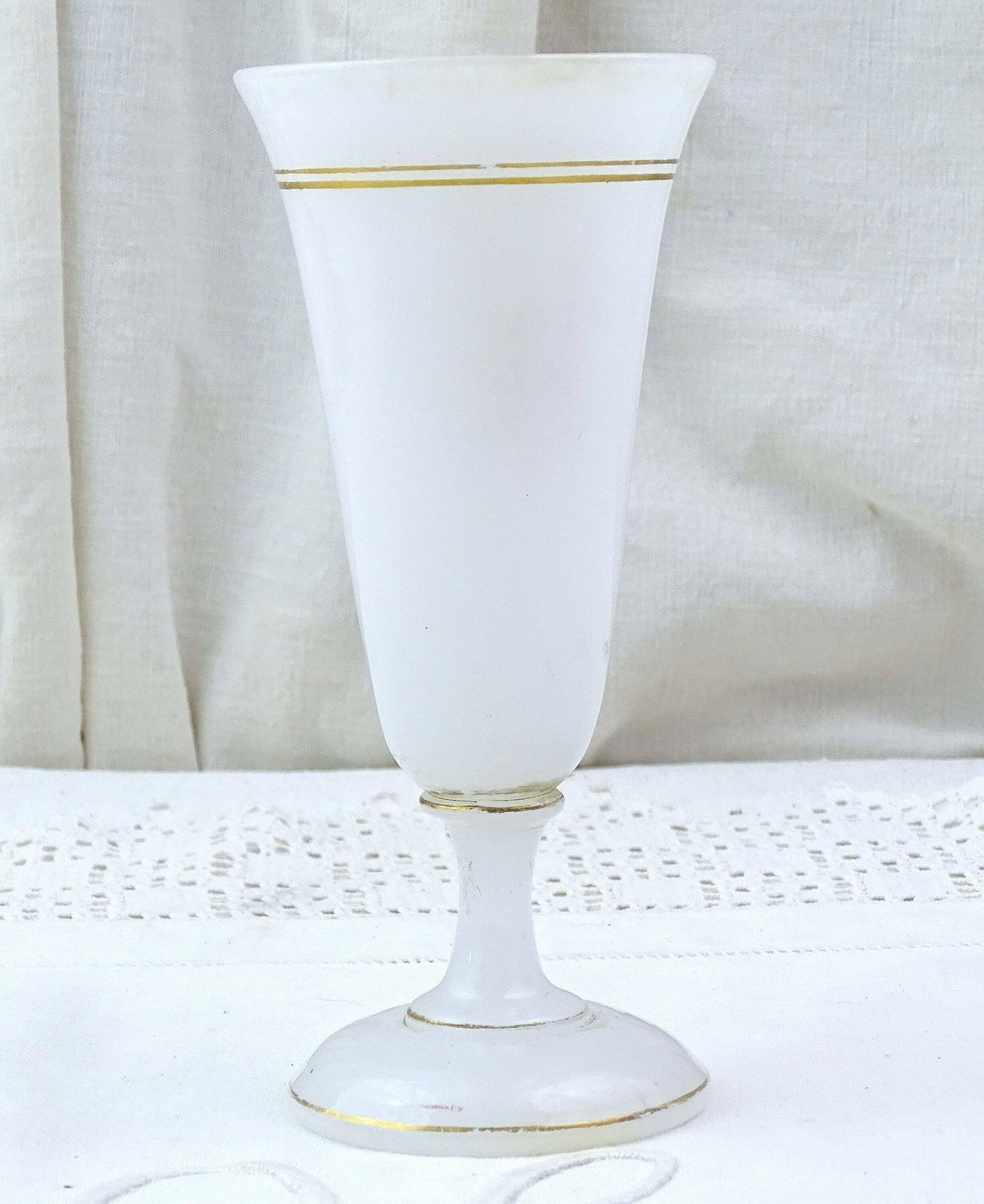 Antique French 19th Century Hand Painted White Opaline Footed Champagne Glass, Vintage Collectible 1800s Milk Glass Vase From France photo Home Decor