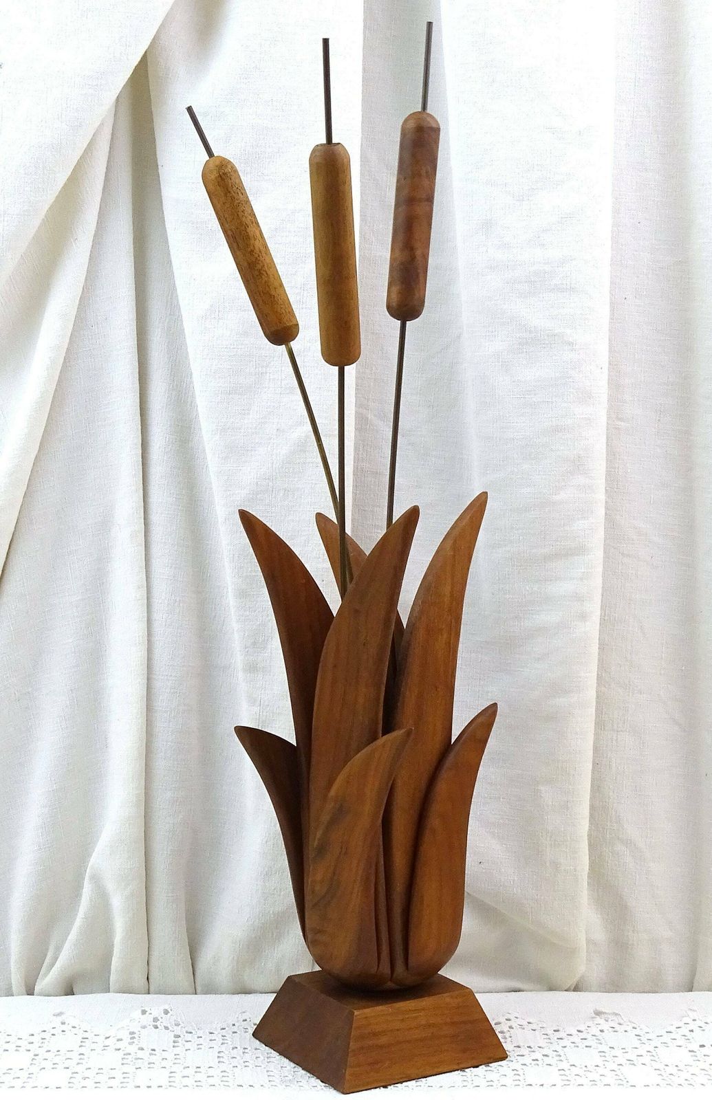 Large Vintage Mid Century Modern Teak Wood Sculpture Of Cat Tails, Retro Wooden 1960s Decorative Ornament Of Wood, Mcm Table Center Piece photo Art