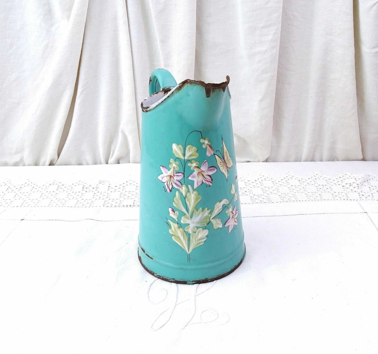 Antique French Early Example Of Enamelware Pitcher In Turquoise Blue With Handpainted Flower And Butterfly Pattern, Vintage Enamel Jug