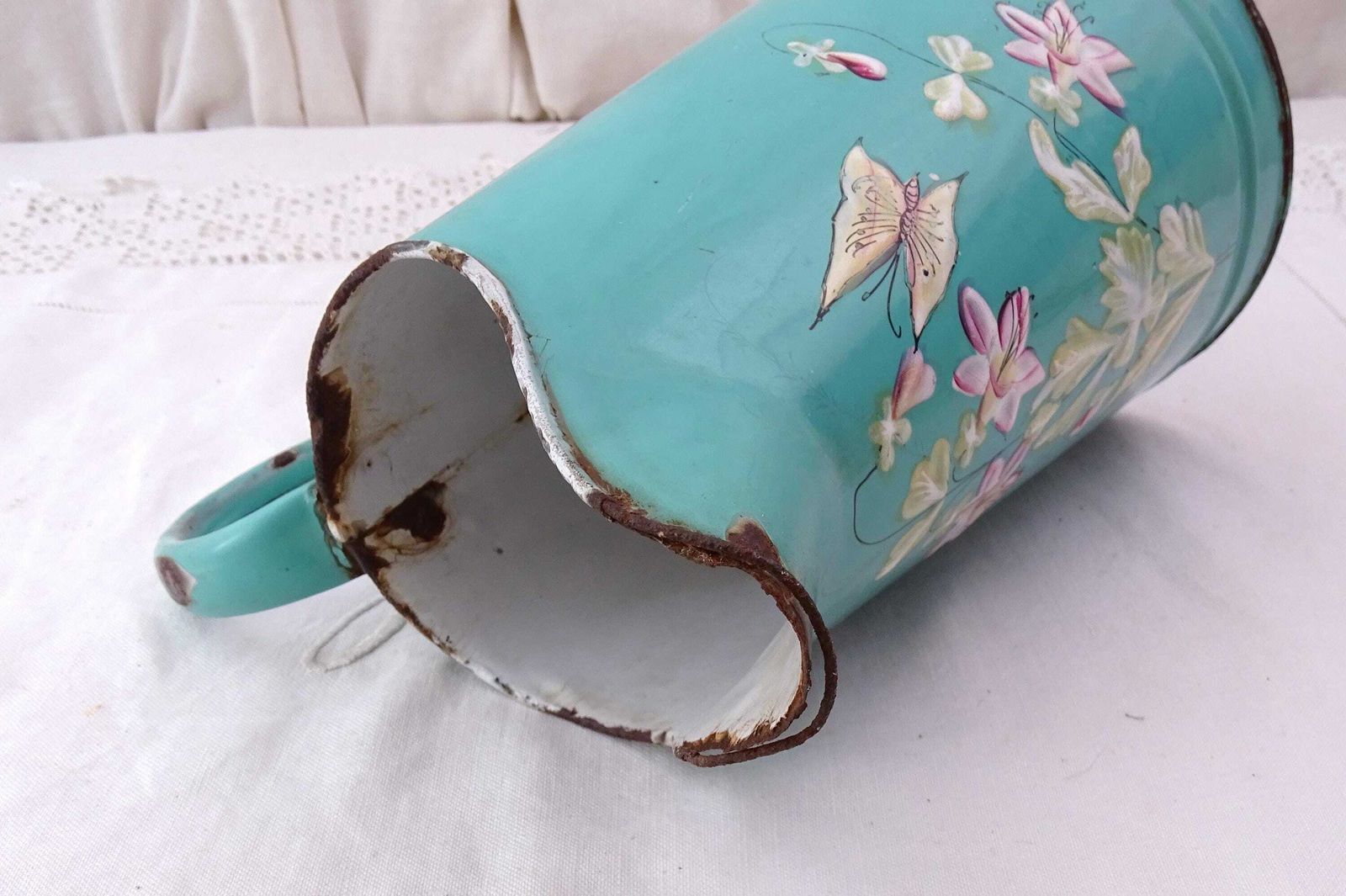 Antique French Early Example Of Enamelware Pitcher In Turquoise Blue With Handpainted Flower And Butterfly Pattern, Vintage Enamel Jug photo buy