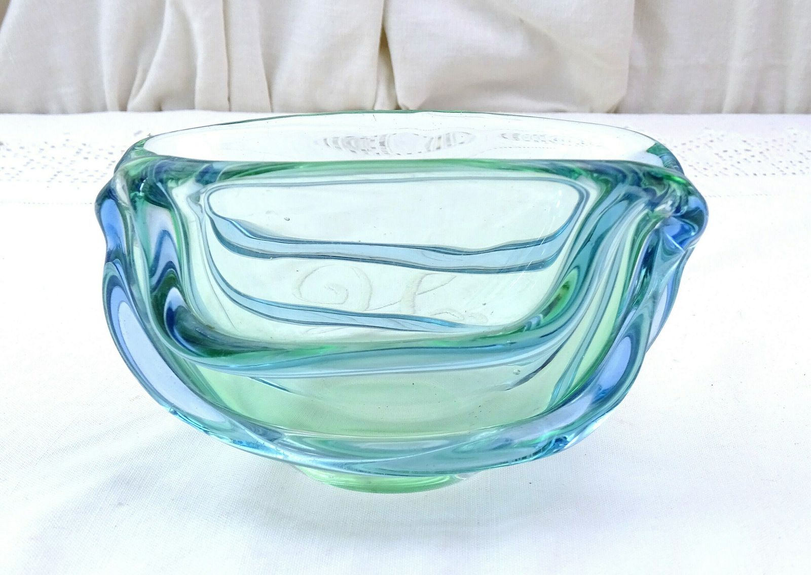 Vintage Mid Century Modern Large Chunky Art Glass Ribbed Pale Green And Blue Cigar Ashtray, Retro 1950s 1960s Mcm Czech Glassware Dish photo furniture
