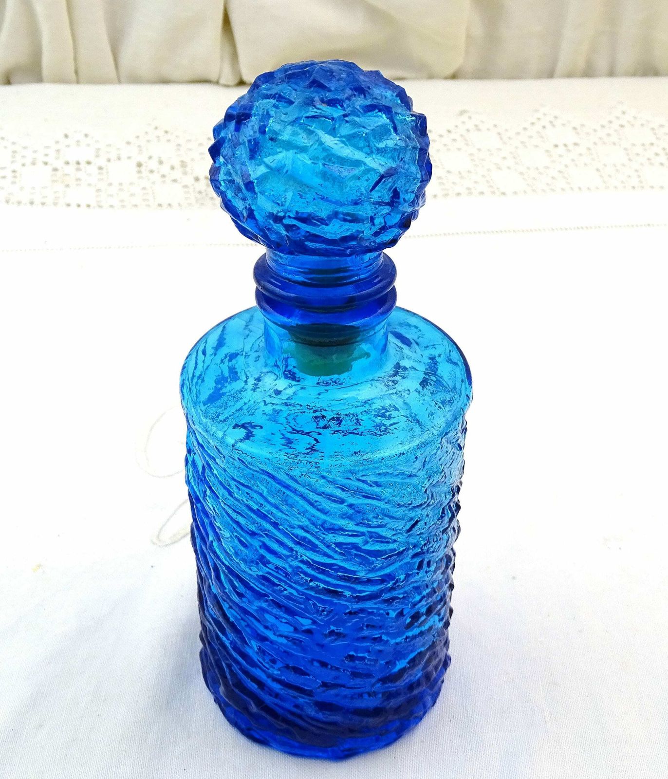 Vintage Mid Century Colbalt Blue Empoli Glass Carafe Stopper, Retro 1960s Large Perfume Bottle Italy, Italian Collectible Decanter Glassware photo furniture