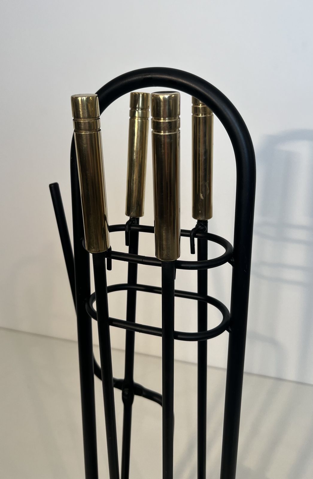 Black Lacquered Metal And Brass Design Fire Kit photo vinterior