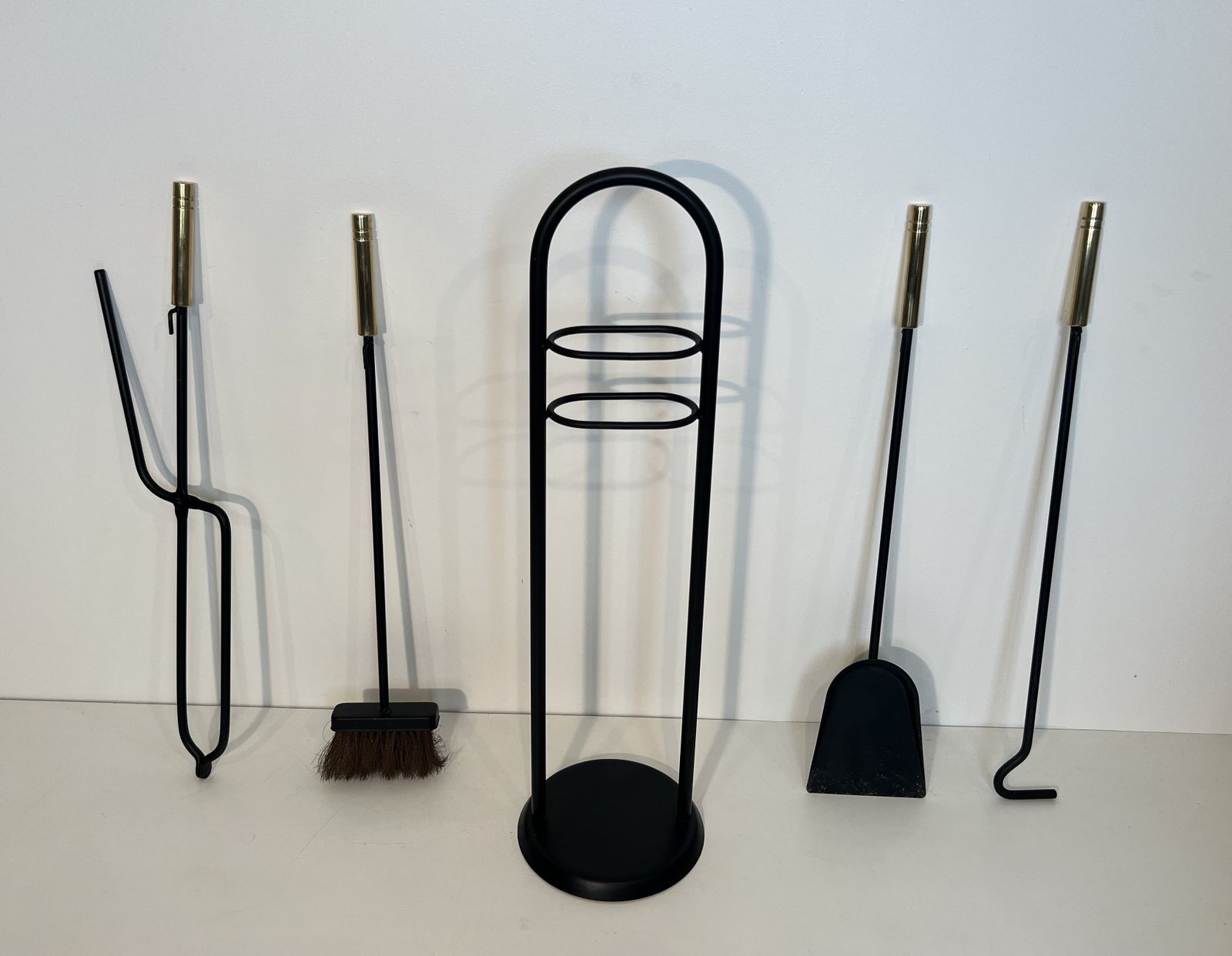 Black Lacquered Metal And Brass Design Fire Kit photo vintage