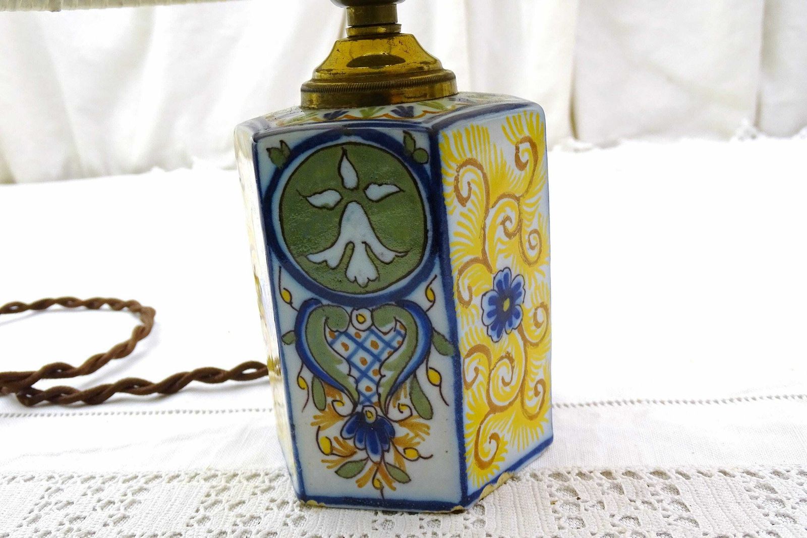 Vintage French Handpainted Ceramic Hexagonal Table Lamp Base And Shade With Fleur De Lis Pattern, Retro Pottery Light Bottom From France photo for sale