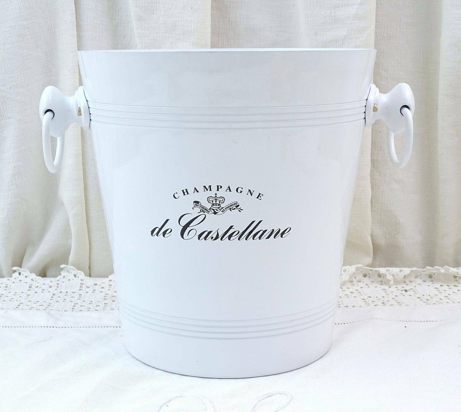 Vintage French Champagne White Enameled Metal Ice Bucket By Castellane In White Metal With 2 Loop Side Handles, Retro Wine Barware Chiller photo Home Decor