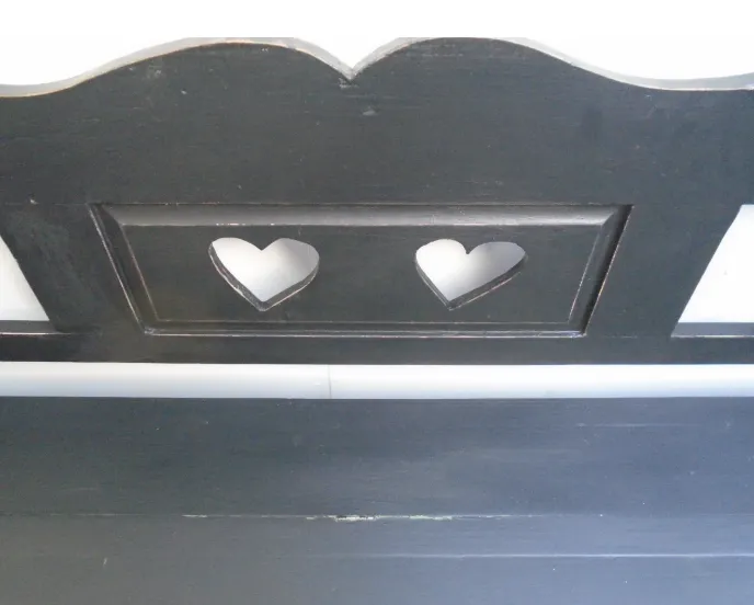 A Black & Green Heart Motif Antique Pine 3 Seater Bench photo furniture