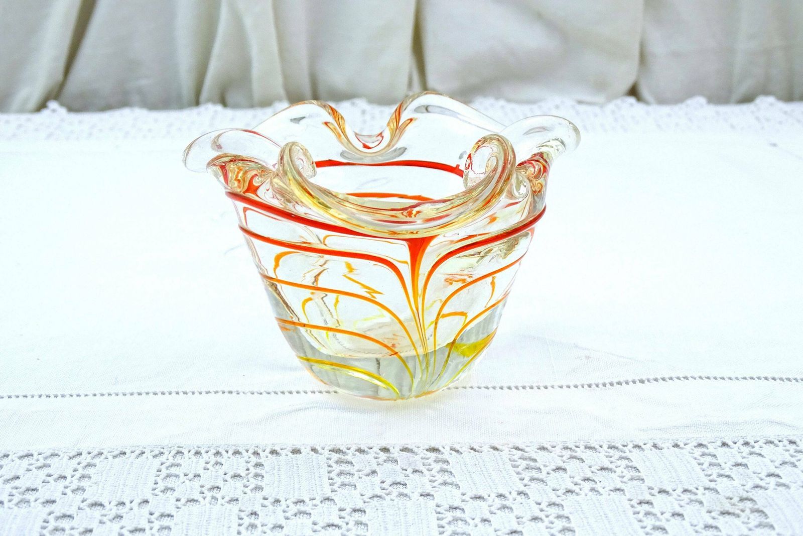 Vintage Art Glass Ashtray Clear With Red Yellow And Orange Threaded Glass Pattern, Retro Handmade Glassware Dish, Murano Style Trinket Bowl