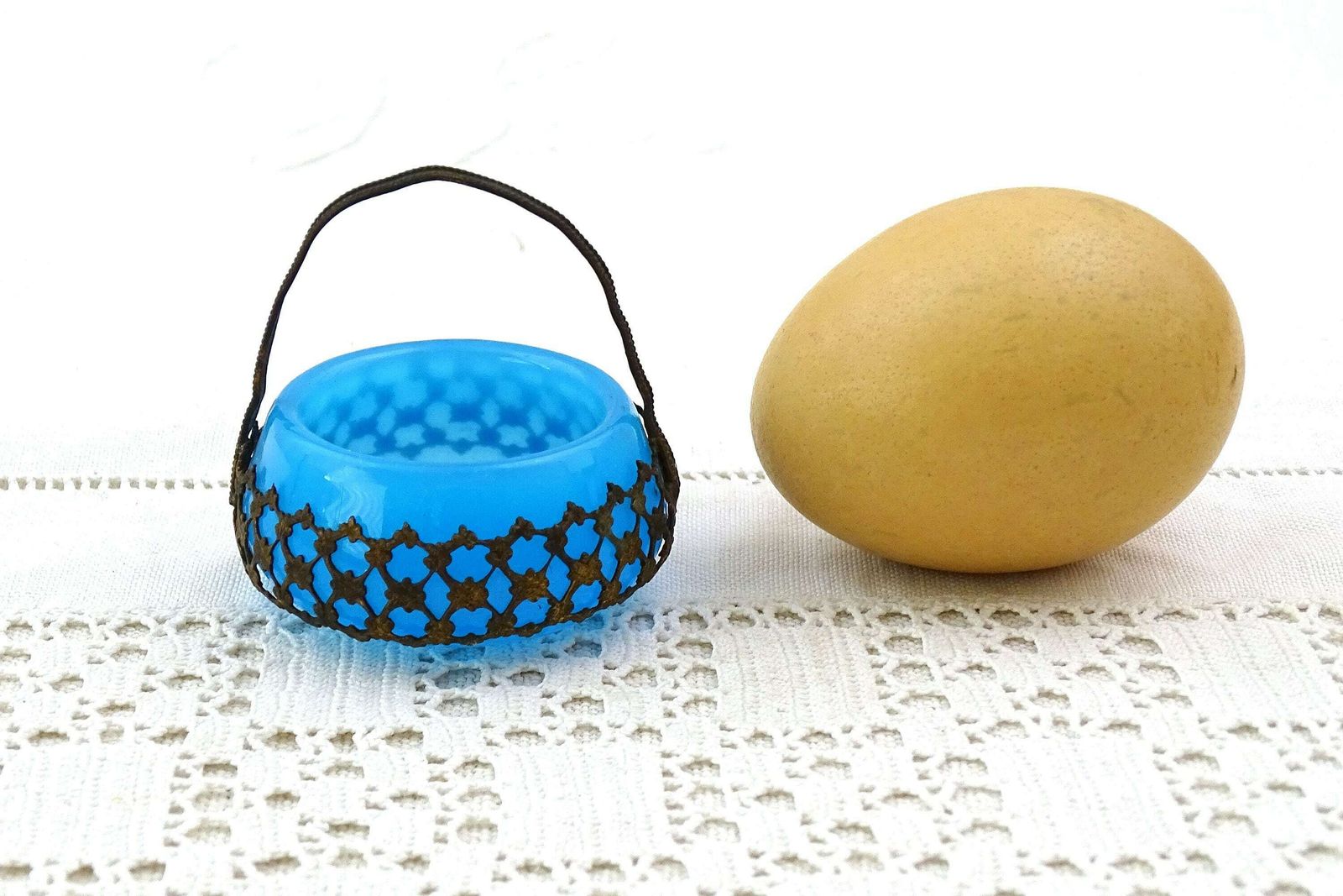 Tiny Antique 19th Century Blue Opaline Glass Basket With Omalu Metal Handle, Small Vintage Table Cruet Salt Dish In Blue Milk Glass France photo furniture