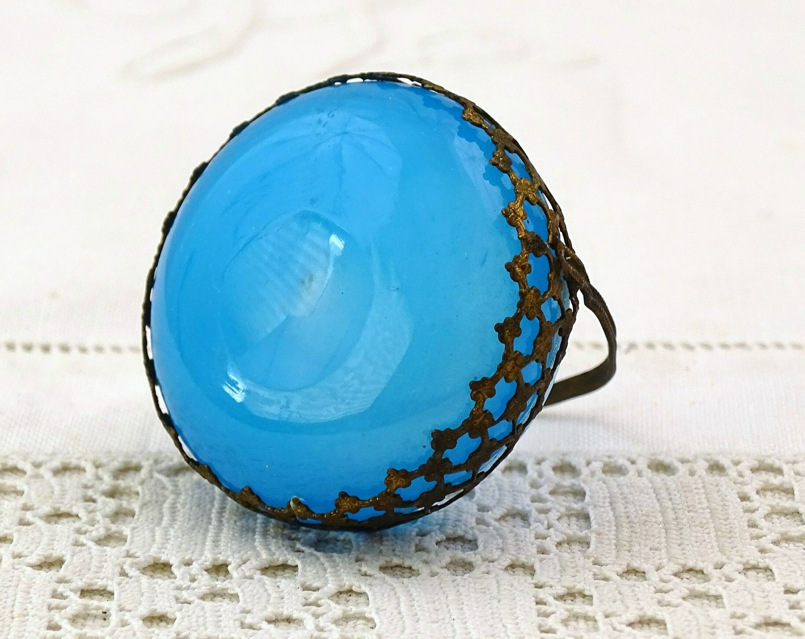 Tiny Antique 19th Century Blue Opaline Glass Basket With Omalu Metal Handle, Small Vintage Table Cruet Salt Dish In Blue Milk Glass France photo for sale