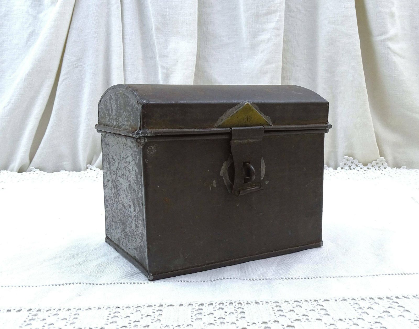 Antique French Rounded Top Metal Box With Clasp, Small Chest Style Folded White Metal Casket From France, Country Brocante Home Decor