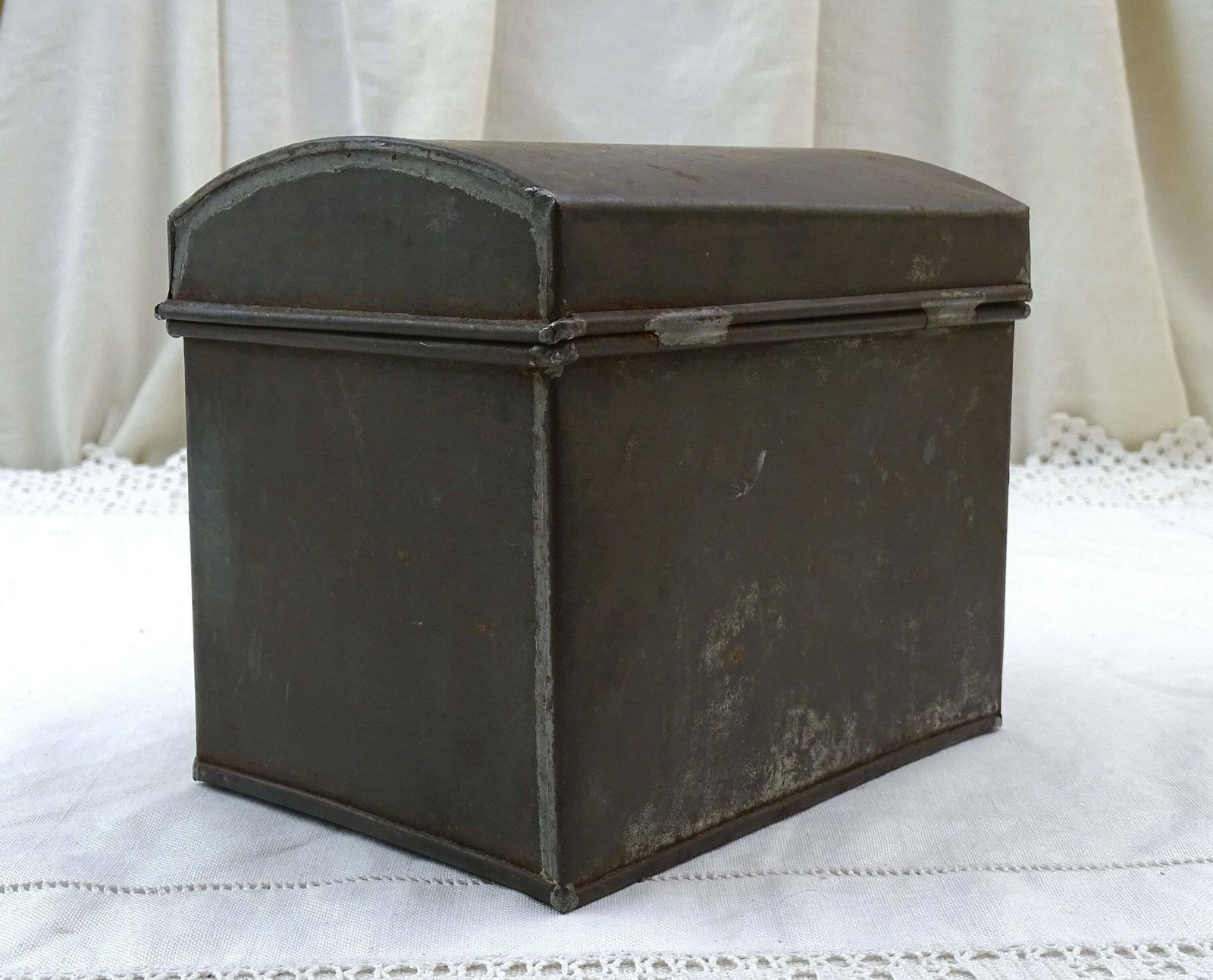 Antique French Rounded Top Metal Box With Clasp, Small Chest Style Folded White Metal Casket From France, Country Brocante Home Decor photo for sale