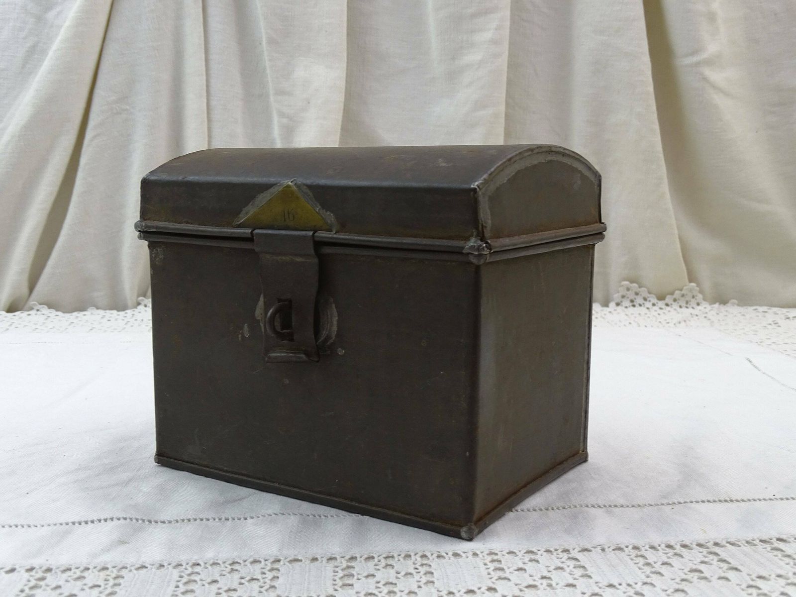 Antique French Rounded Top Metal Box With Clasp, Small Chest Style Folded White Metal Casket From France, Country Brocante Home Decor photo Home Decor