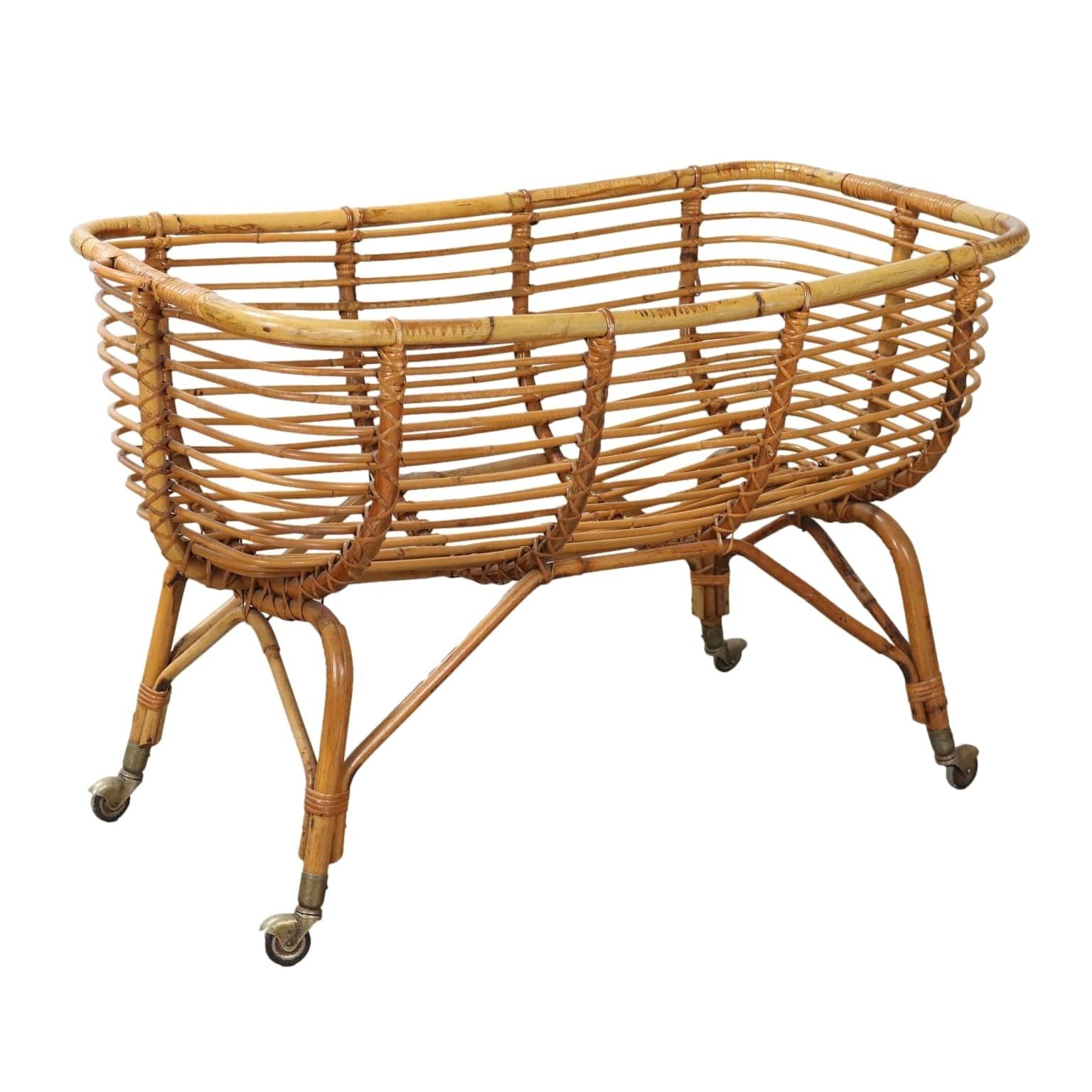 Vintage Cradle Bamboo Brass Wheels Italy 1960s