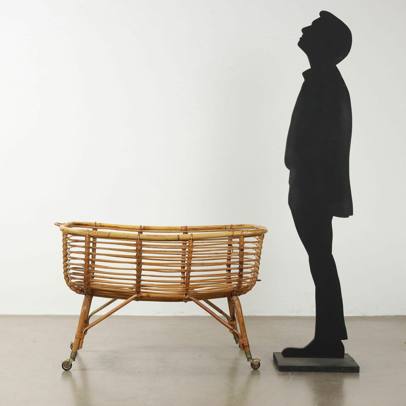 Vintage Cradle Bamboo Brass Wheels Italy 1960s photo furniture