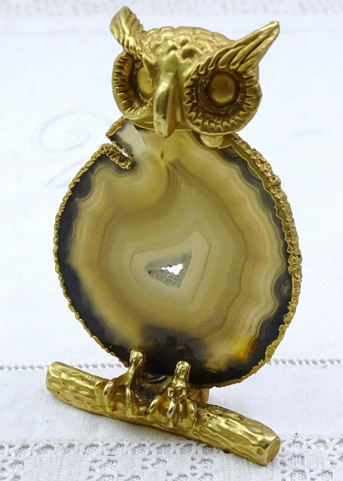 Vintage Agate Slice Owl Figurine With Gold Tone Metal, Retro Curio Bird Sculpture Made Of Decorative Stone, Unique Night Themed Animal photo buy