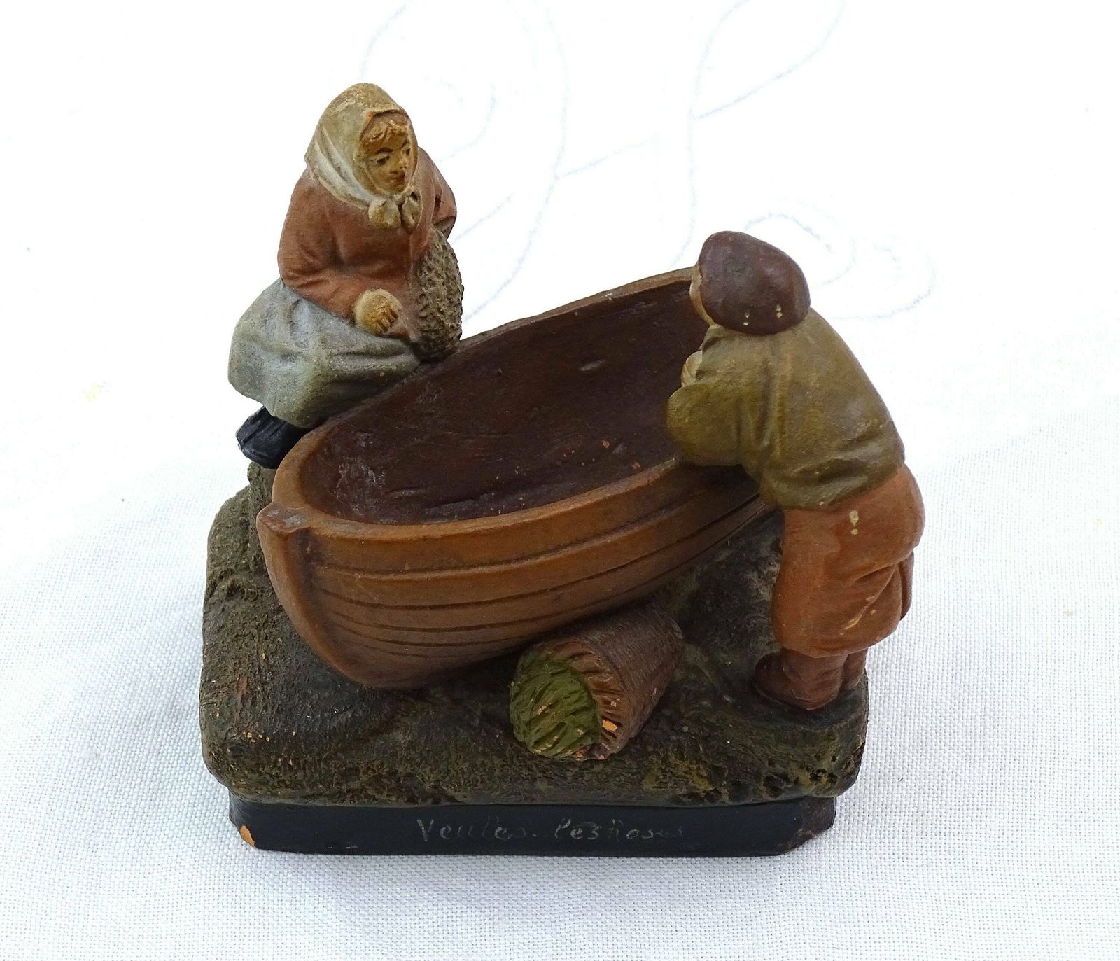 Antique French Louis Alphonse Hanne Terres Cuites De L'isle Adam Glazed Terracotta Figurine Of Fisherman Wife, Vintage Seaside Sculpture photo furniture