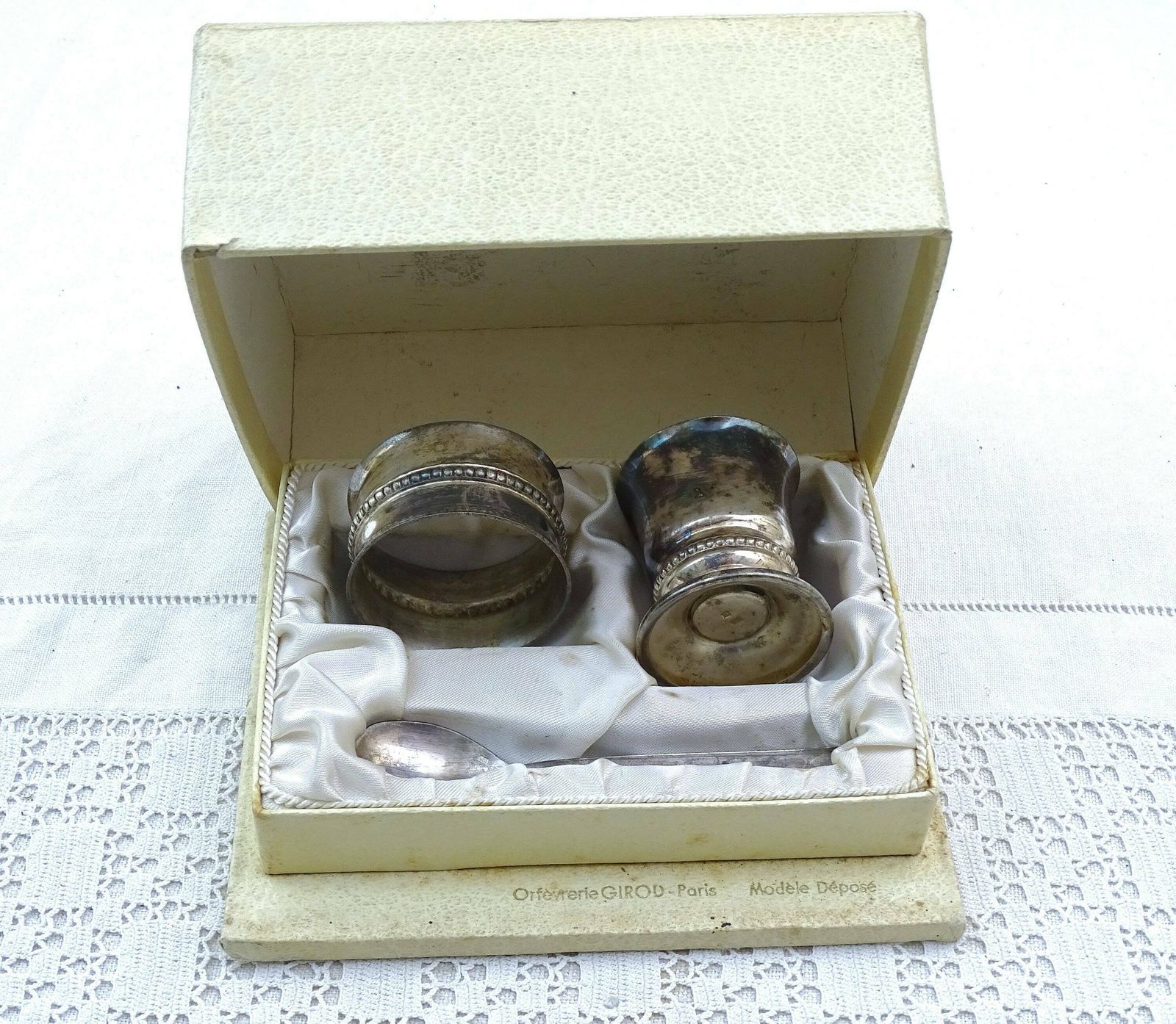 Vintage French 1950s Silver Plated Three Piece Christening Gift Boxed Set Of Egg Cup Napkin Ring And Spoon By Girou Paris, Retro Breakfast photo buy