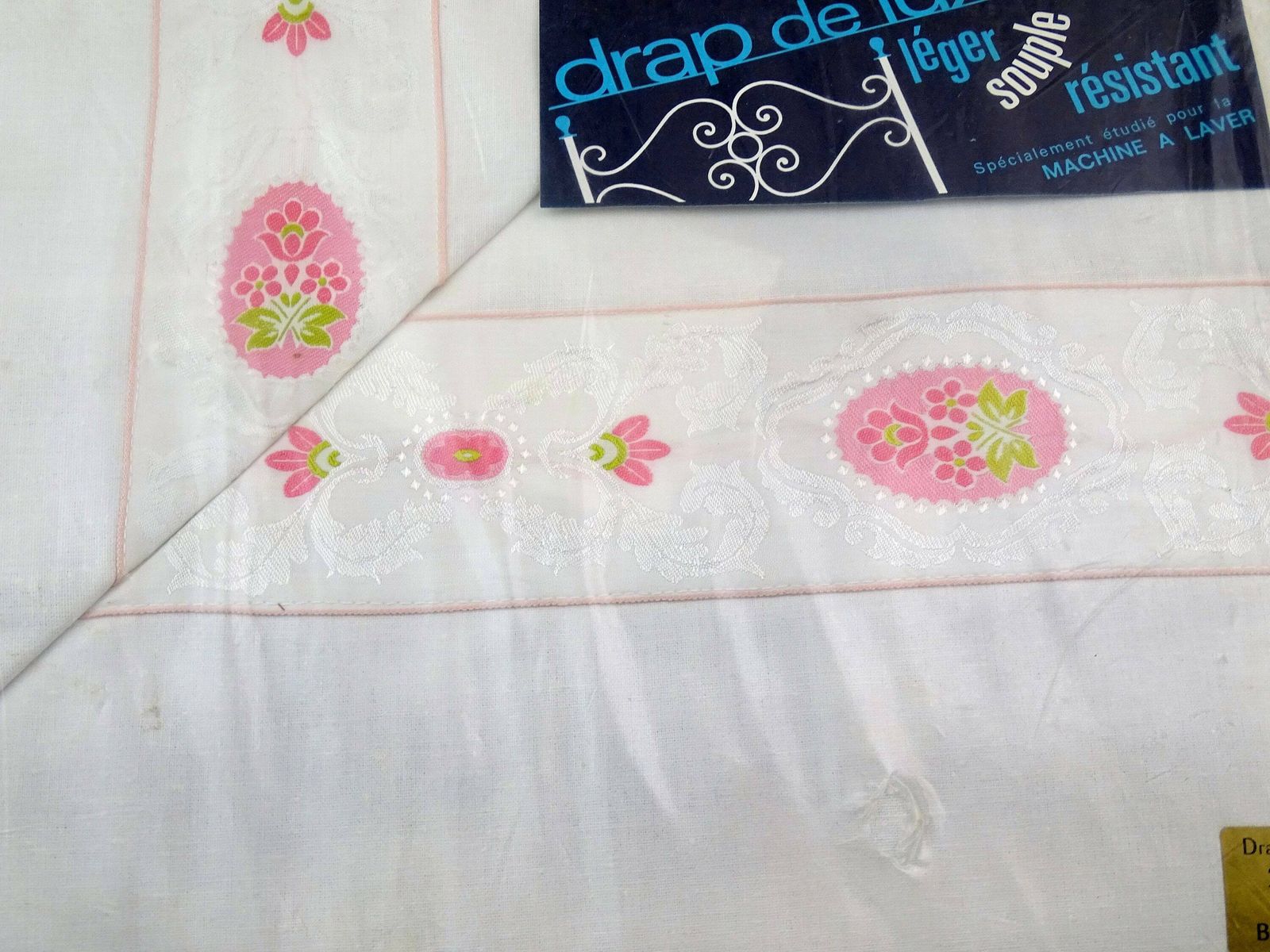 Large Unused Vintage 1970s French Double Bed White Cotton Flat Sheet With Pink Embroidery Around Top Edge, New Old Stock Bedding De Luxe photo furniture