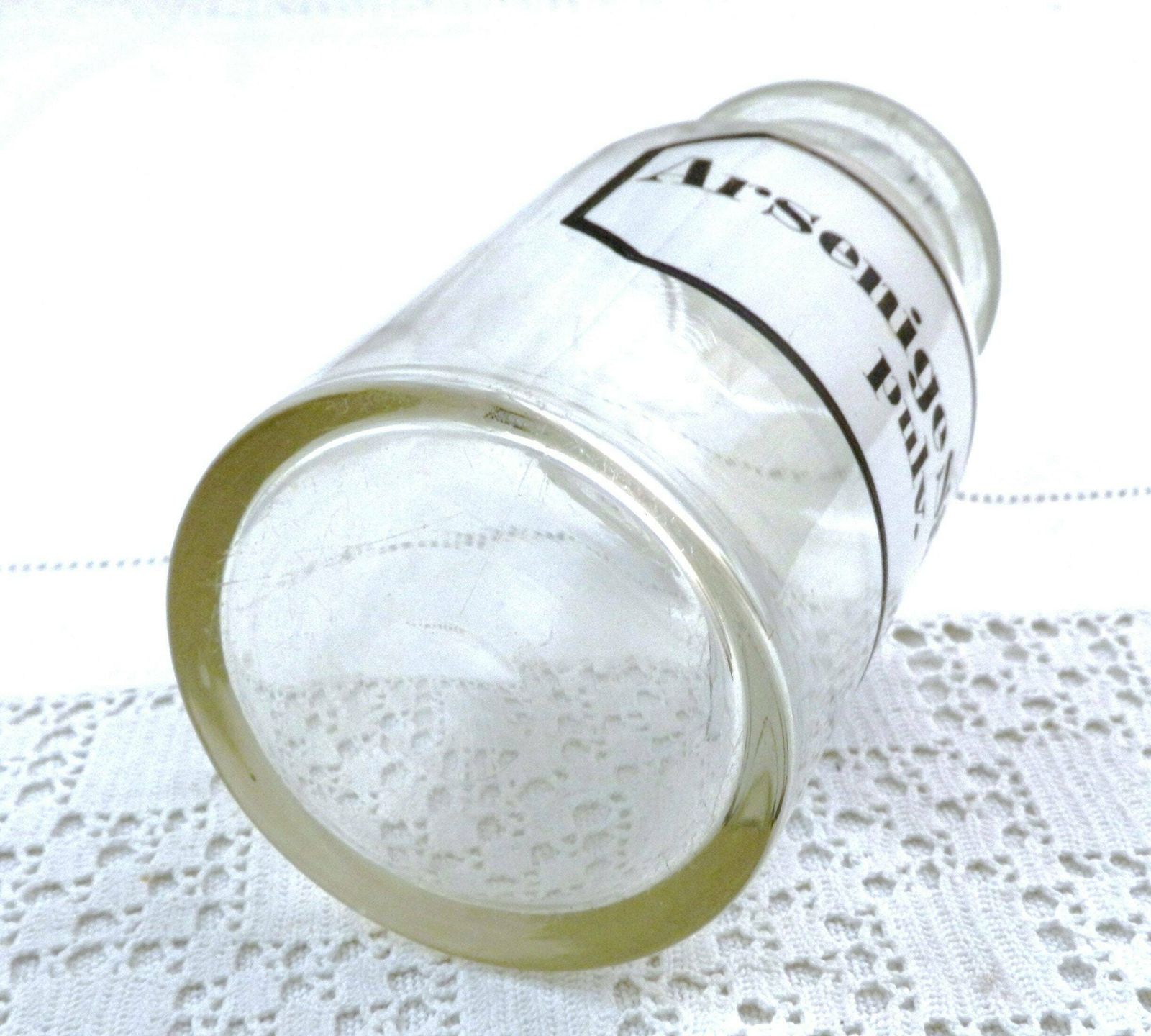 Antique German Apothecary Glass Bottle With Large Stopper White And Black Label Arsenige Säure Pulv Arsenic Acid, Chemist Shop Poison Decor photo vinterior