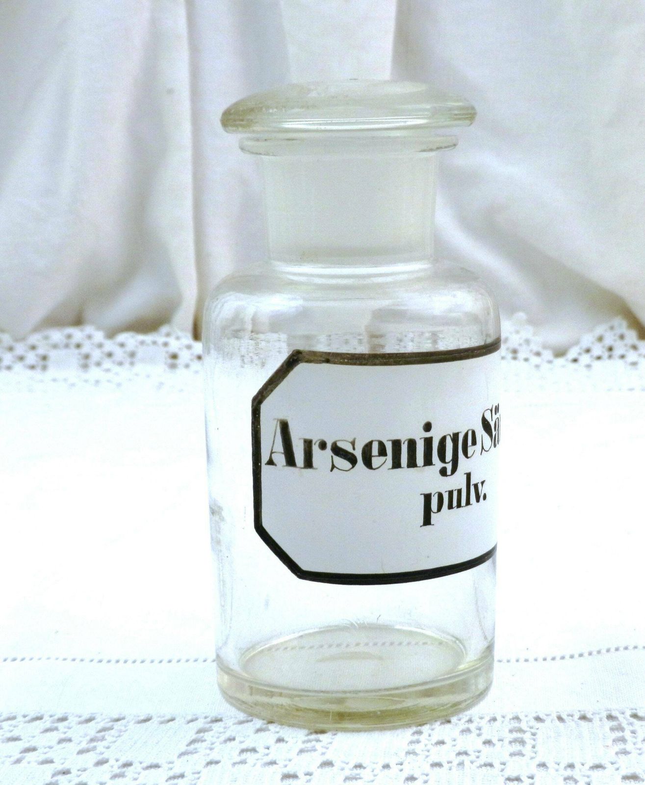 Antique German Apothecary Glass Bottle With Large Stopper White And Black Label Arsenige Säure Pulv Arsenic Acid, Chemist Shop Poison Decor photo buy