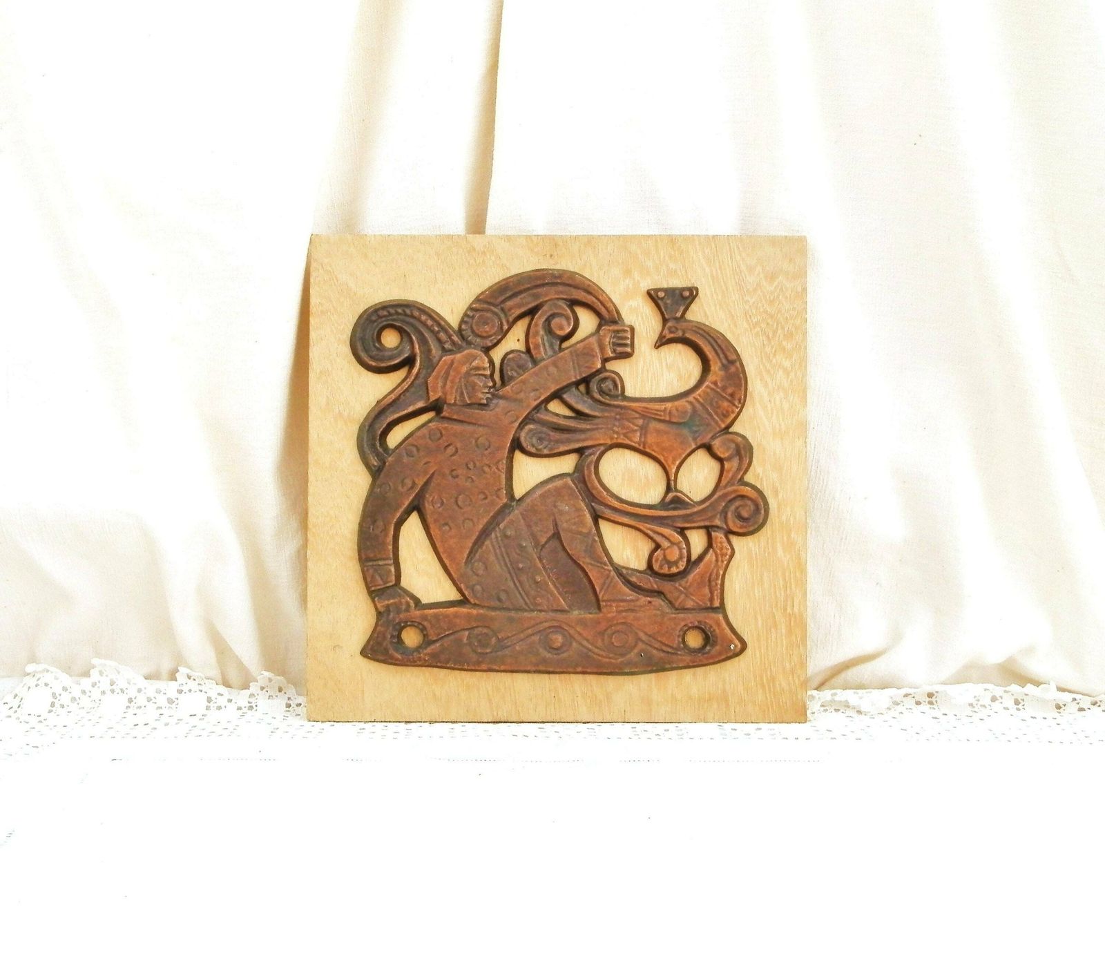 Vintage Bronze Folk Art 1950s Stylized Scandinavian Wall Hanging Plaque With A Peacock, Retro Metal And Wood Unusual Picture With A Bird