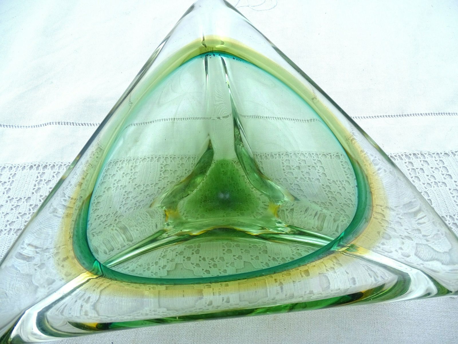 Large Italian Green And Yellow Arte Nuova Murano Sommerso Triangle Glass Bowl, Big Retro Venetian Triangular Glass Cigar Ashtray From Italy photo buy