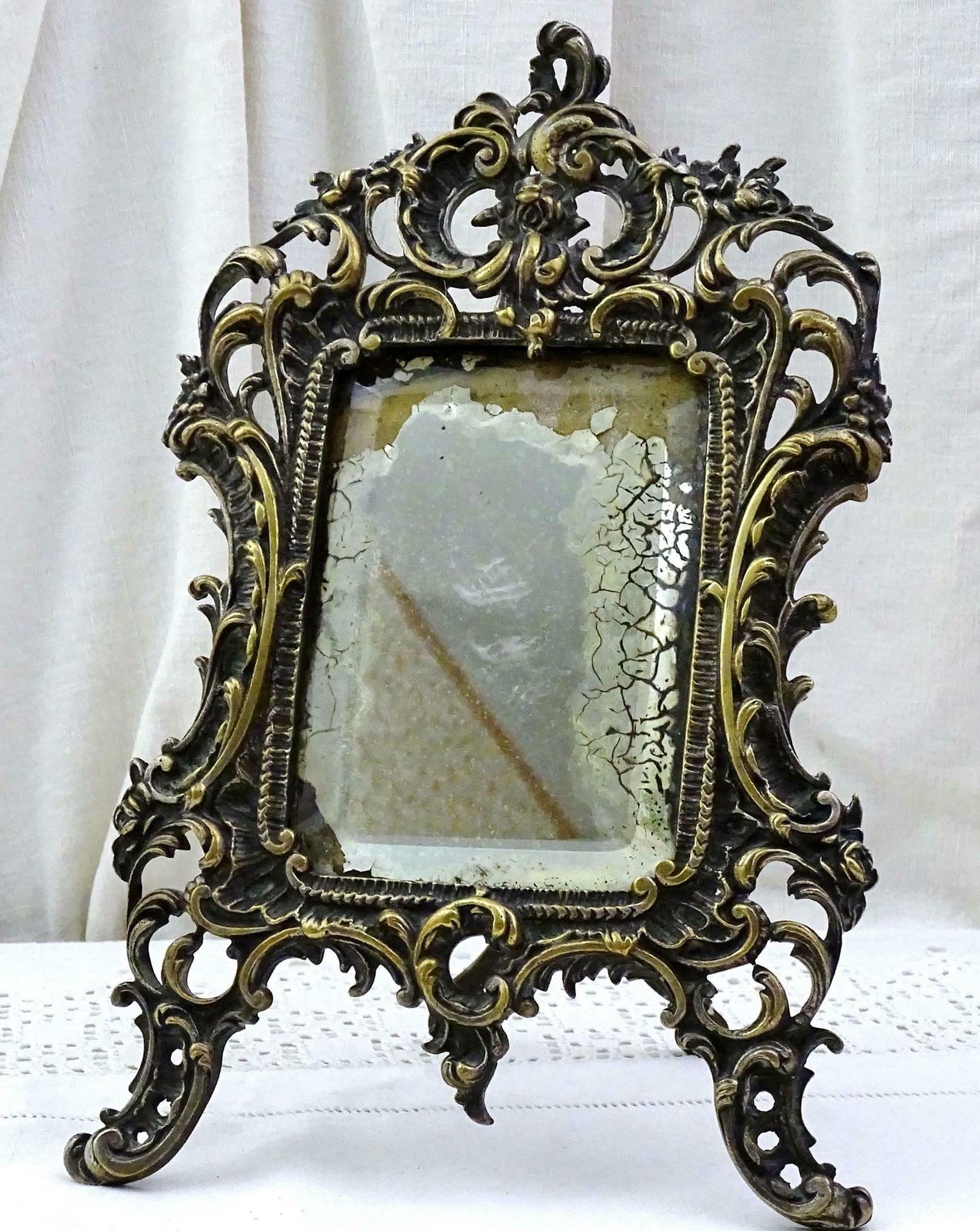 Antique French 18th Century Free Standing Worn Silver Plated Bronze Framed Distressed Mirror, Retro Rococo Ornate Framed Looking Glass photo furniture