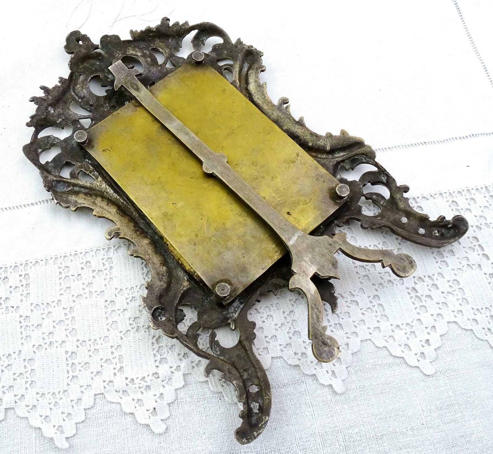 Antique French 18th Century Free Standing Worn Silver Plated Bronze Framed Distressed Mirror, Retro Rococo Ornate Framed Looking Glass photo for sale