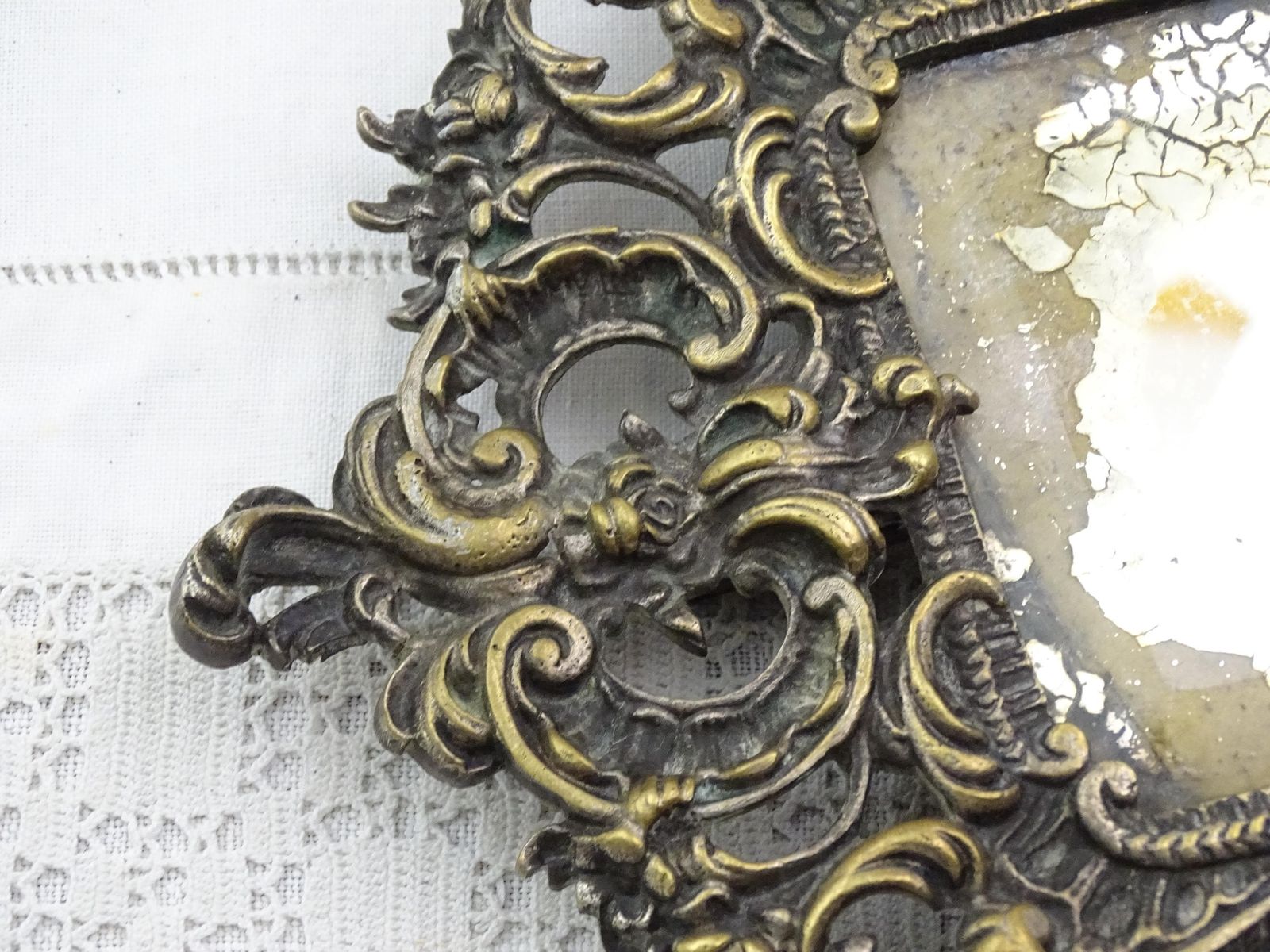 Antique French 18th Century Free Standing Worn Silver Plated Bronze Framed Distressed Mirror, Retro Rococo Ornate Framed Looking Glass photo buy