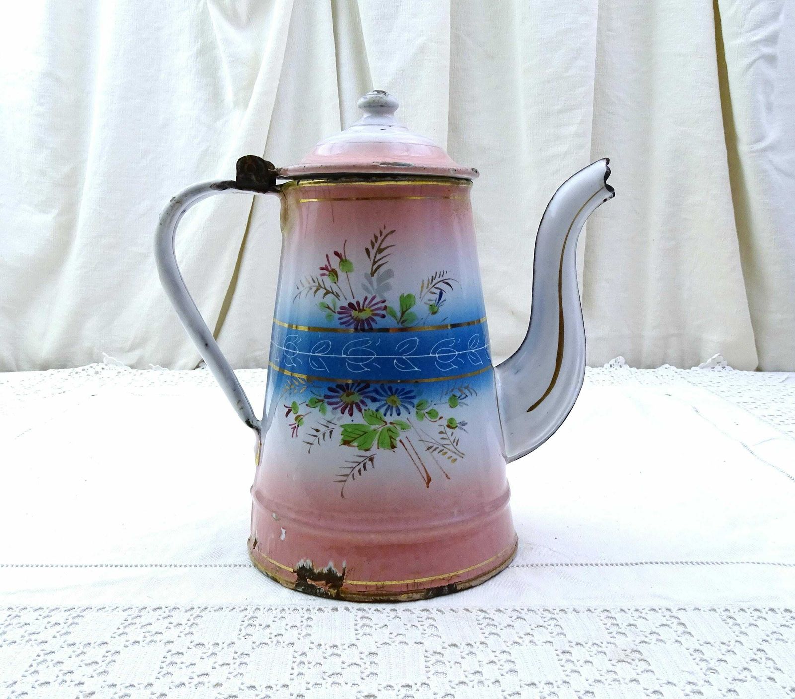 Antique French Porcelain Enamel Goose Neck Coffee Pot With Hand Painted Pattern Pink And Blue On White, Vintage Enamelware Cafetiere France