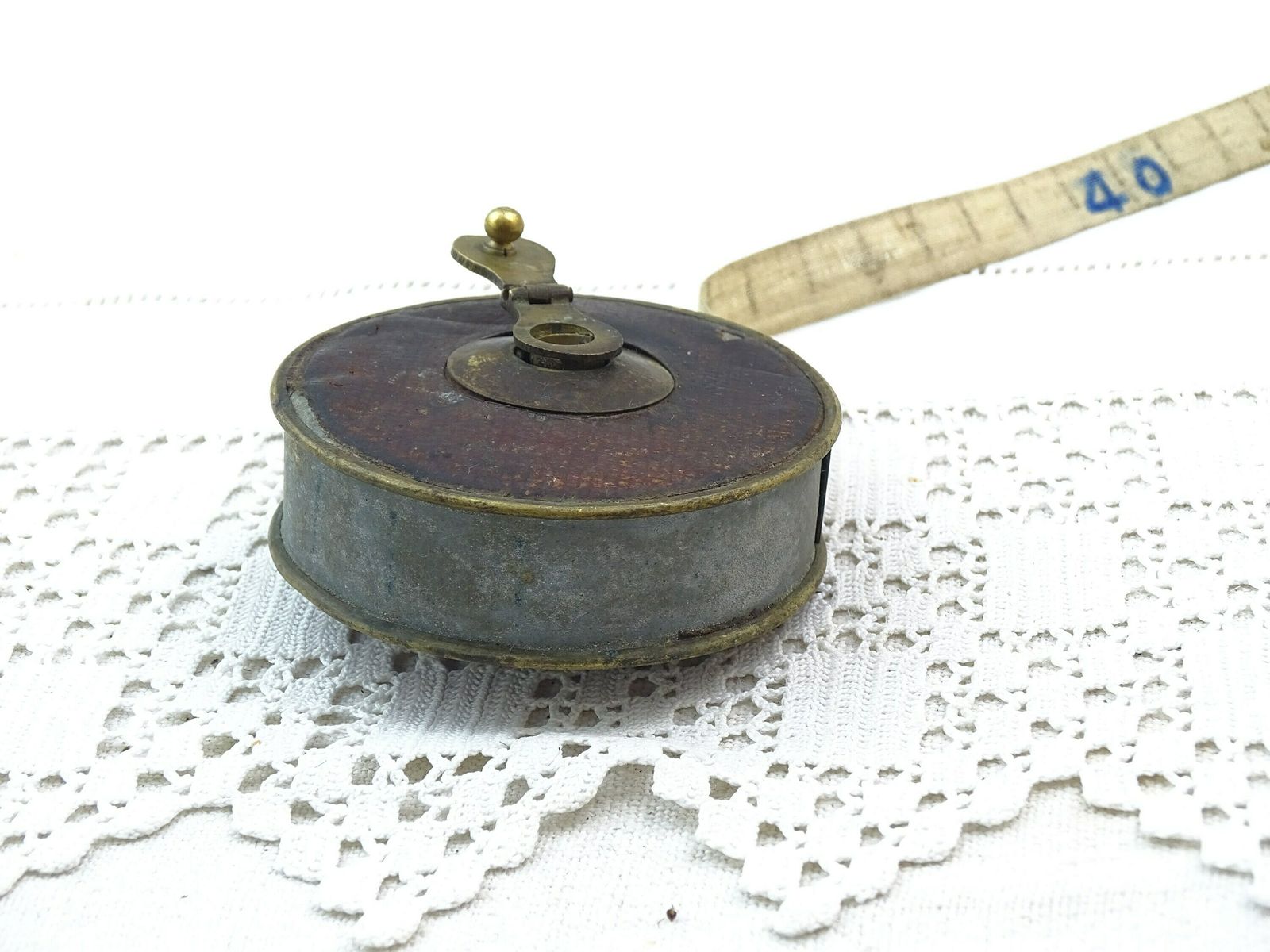Antiek Frans Intrekbaar Stoffen Meetlint, Leer Bekleed Messing, 19e Eeuw, 10 Meter, Ca. 1800s, Frankrijk photo 55.0