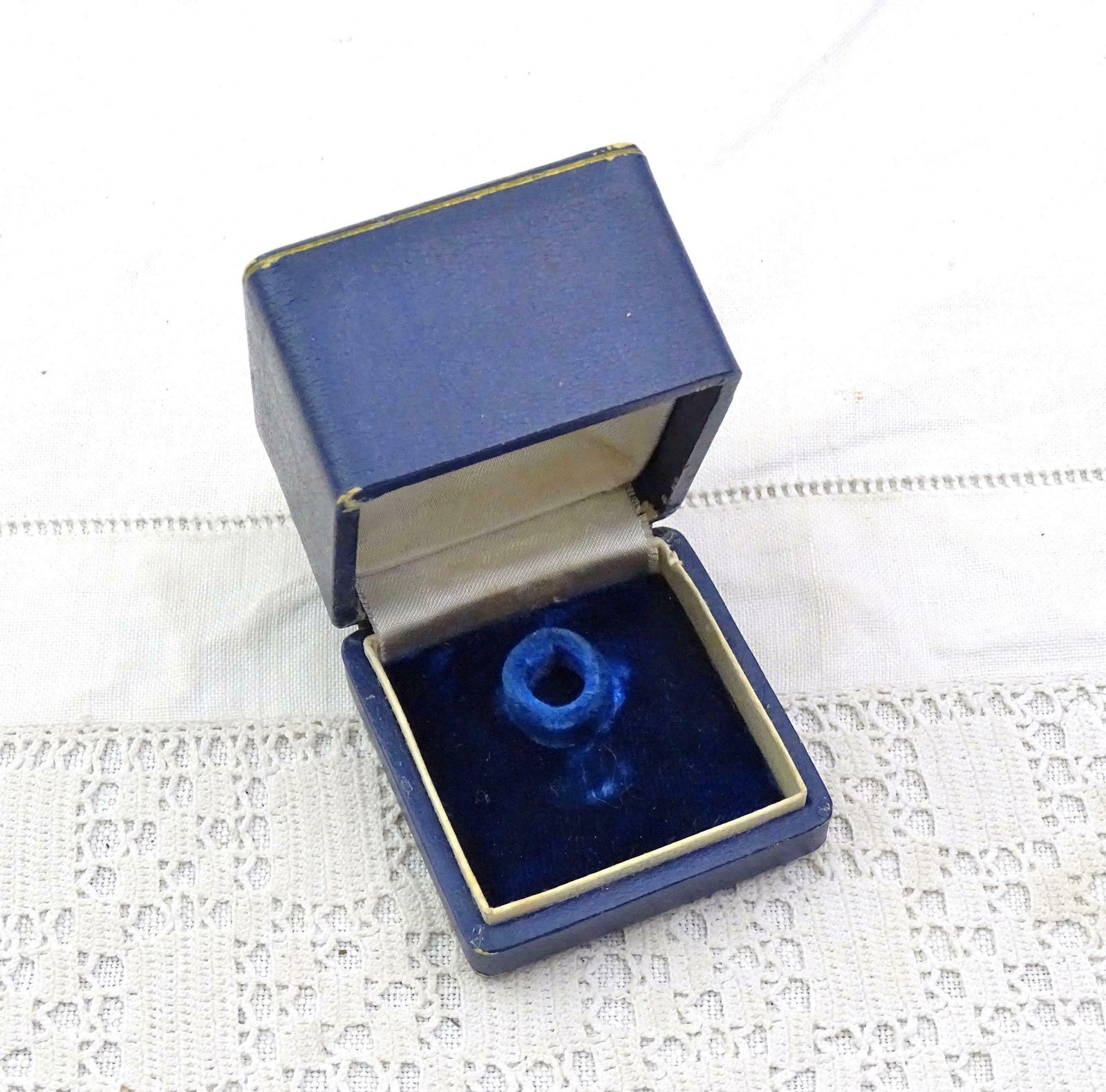 Vintage French Blue Square Leather Covered Ring Box White Velvet Satin Lining, Retro Jewelry Presentation Case, Engagement Wedding Proposal photo furniture