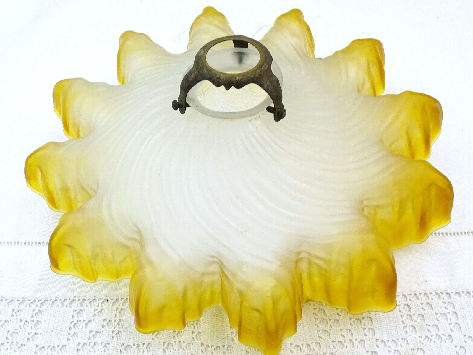Antique 1920s French Orange And Clear Opaline Glass Hanging Pendant Light Shade With Brass Fixture, Retro Translucent Kitchen Lamp France photo for sale