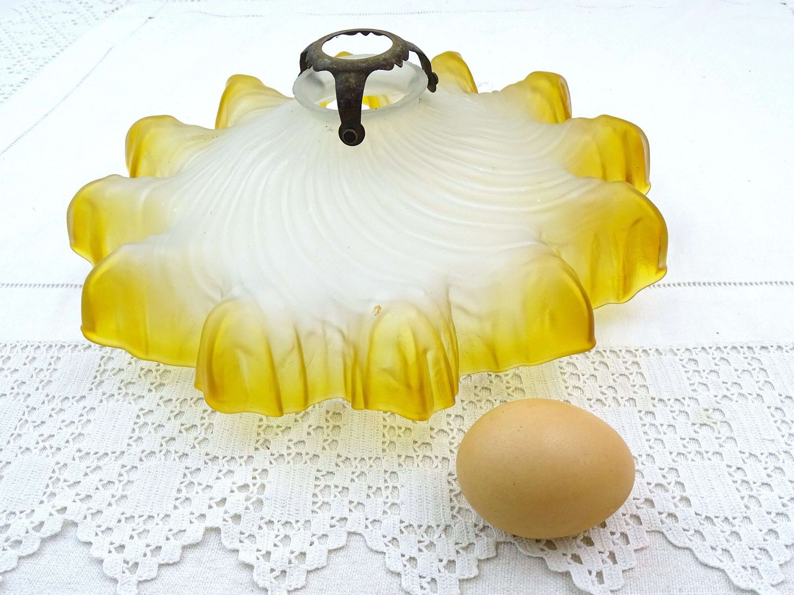 Antique 1920s French Orange And Clear Opaline Glass Hanging Pendant Light Shade With Brass Fixture, Retro Translucent Kitchen Lamp France photo buy