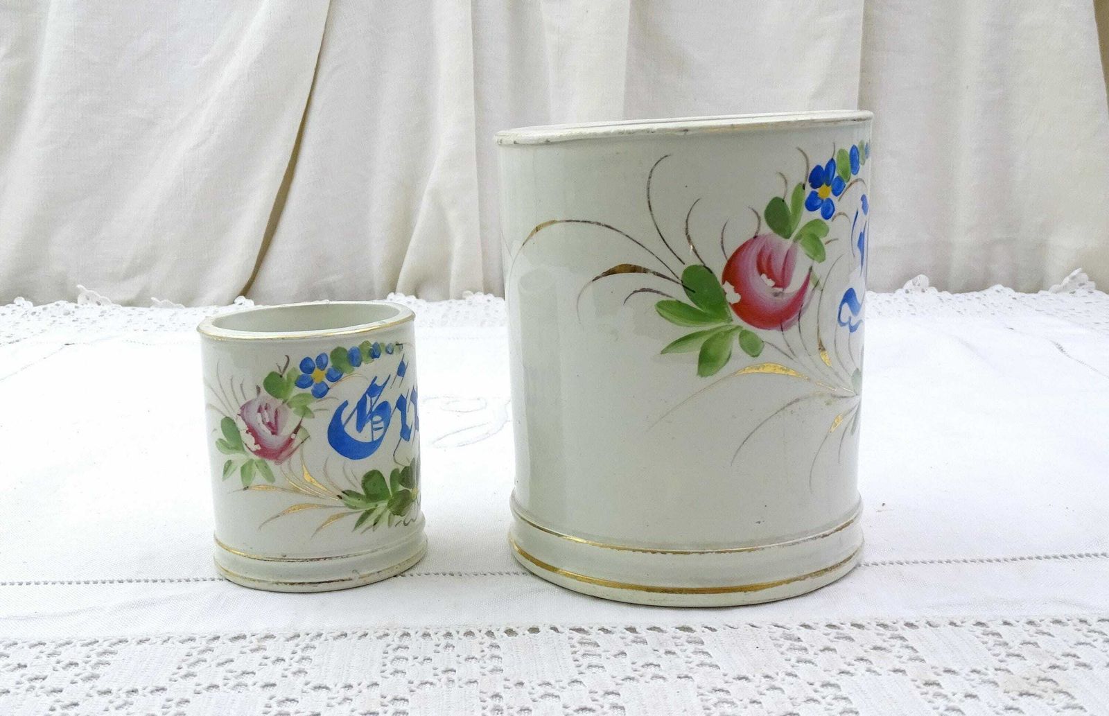 2 Antique French Ironstone Ceramic Canister Jars No Lids And Handpainted Rose Flower Pattern By Choisy Le Roi, Vintage Ironware Pottery photo 75.0