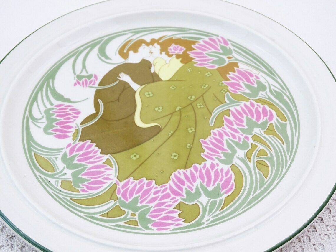 Antique French Art Nouveau Pottery Plate With 2 Lovers Kissing By Keller And Guérin Lunéville Vintage Jugendstil Mucha Style Embracing Couple photo furniture