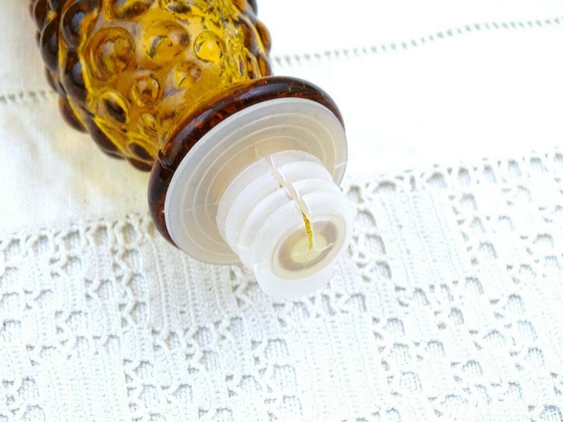 Large Tall Vintage Italian Empoli Style Mid Century 1960s Amber Glass Genie Bottle Floor Decanter With Stopper  European Glassware Carafe photo furniture