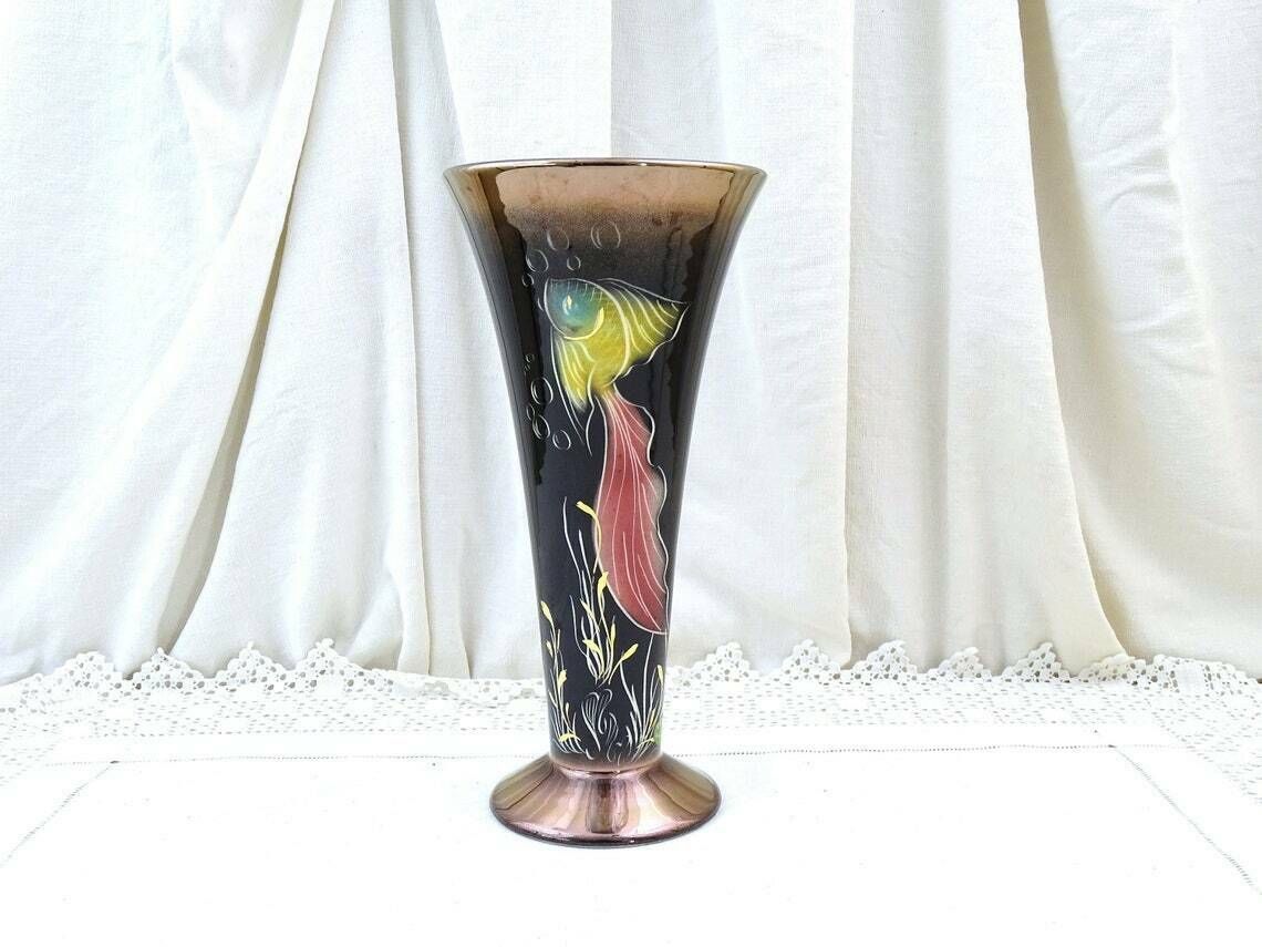 Large 1950s Mid Century Vintage French Hand Painted Lusterware Footed Conical Fluted Vase Exotic Fish Pattern On Black Kitsch Mcm Pottery