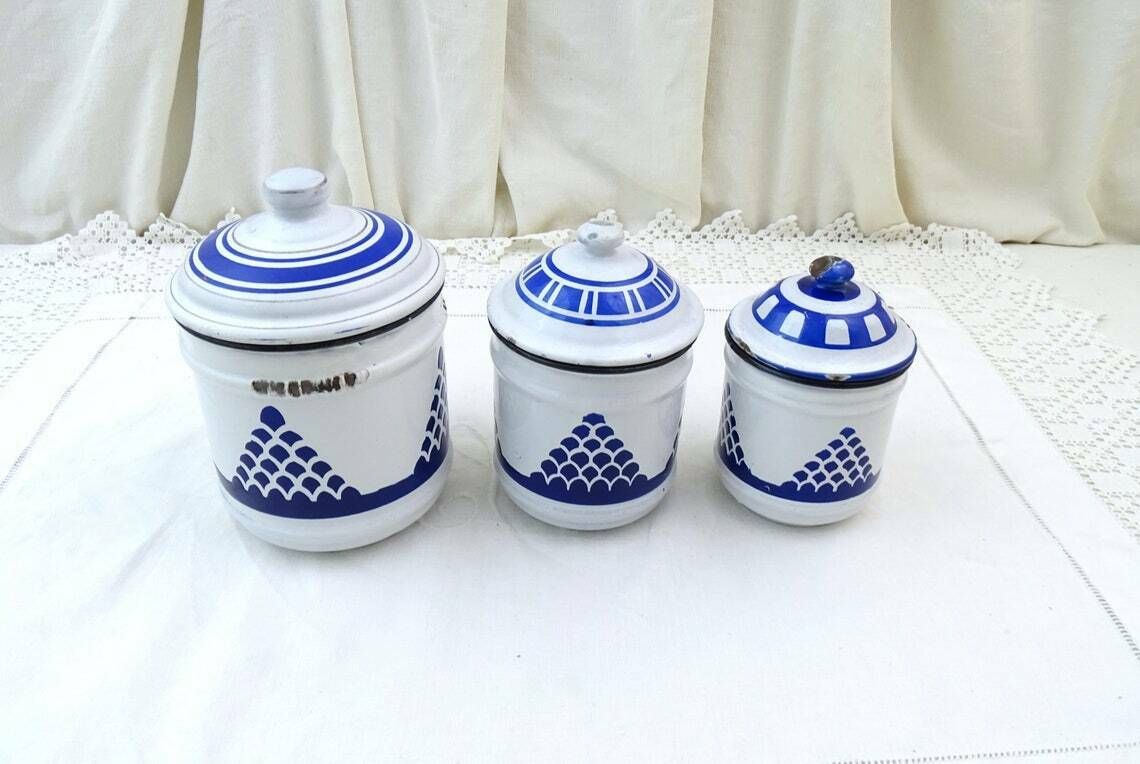 Antique French Chippy Blue And White Enamelware 3 Piece Canister Set Retro Enamel Kitchen Decor France Old Style Metal Storage Containers photo furniture