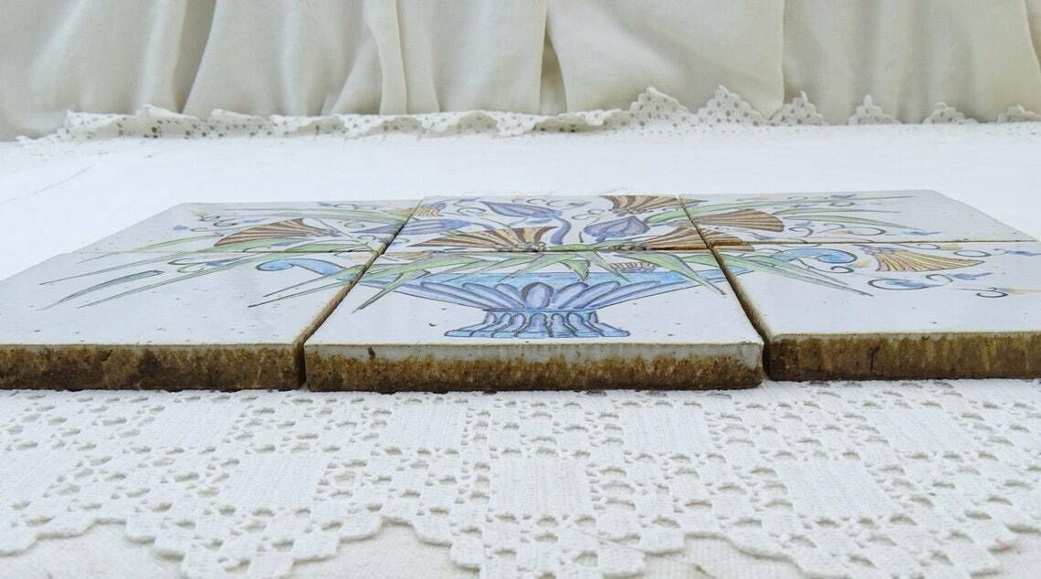 6 Vintage Italian Unused Hand Painted Mural Splash Back Ceramic Square Tiles With Floral Pattern Retro Pottery Kitchen Handmade Decor Italy photo 150.0