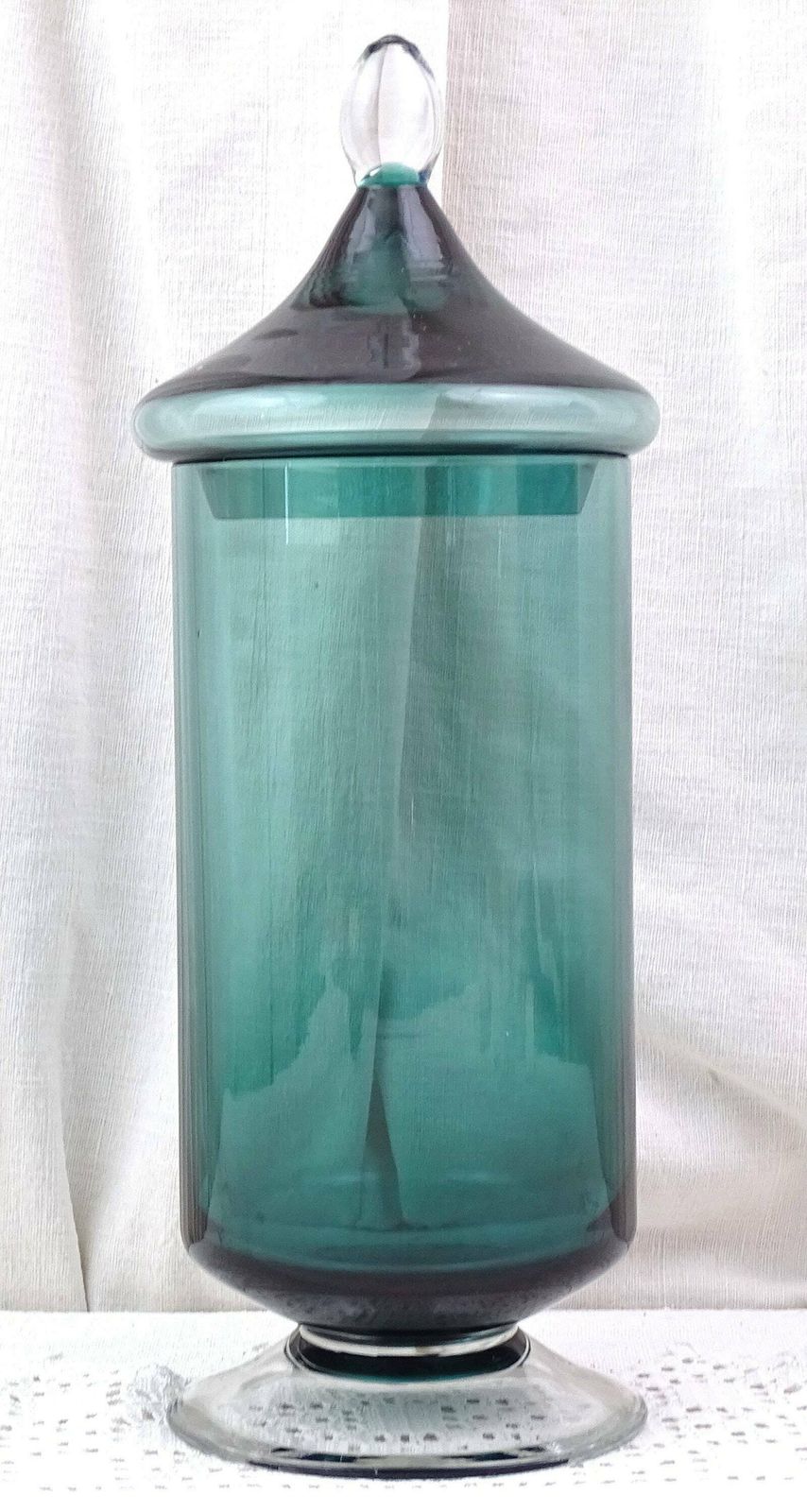 Vintage Mid Century Teal Blue Glass Apothecary Style Footed Jar And Lid With Pointed Finial, Retro 1960s Bathroom Emploi Style Glassware photo for sale