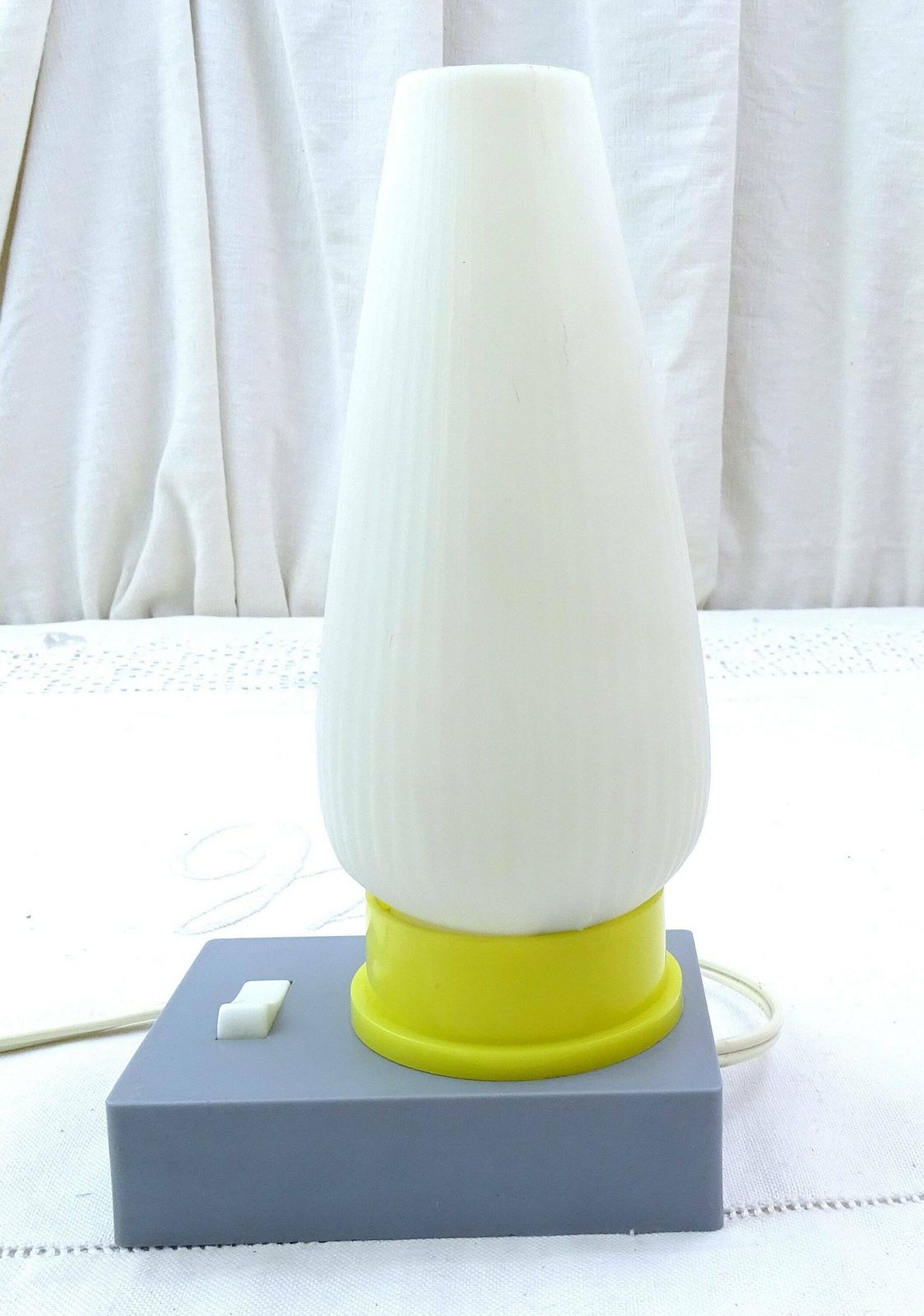 Small Vintage French Mid Century Modern Gray Yellow And White Table / Bed Side Lamp, Retro 1950s Little Light From France, Old Style Bedroom photo Lighting