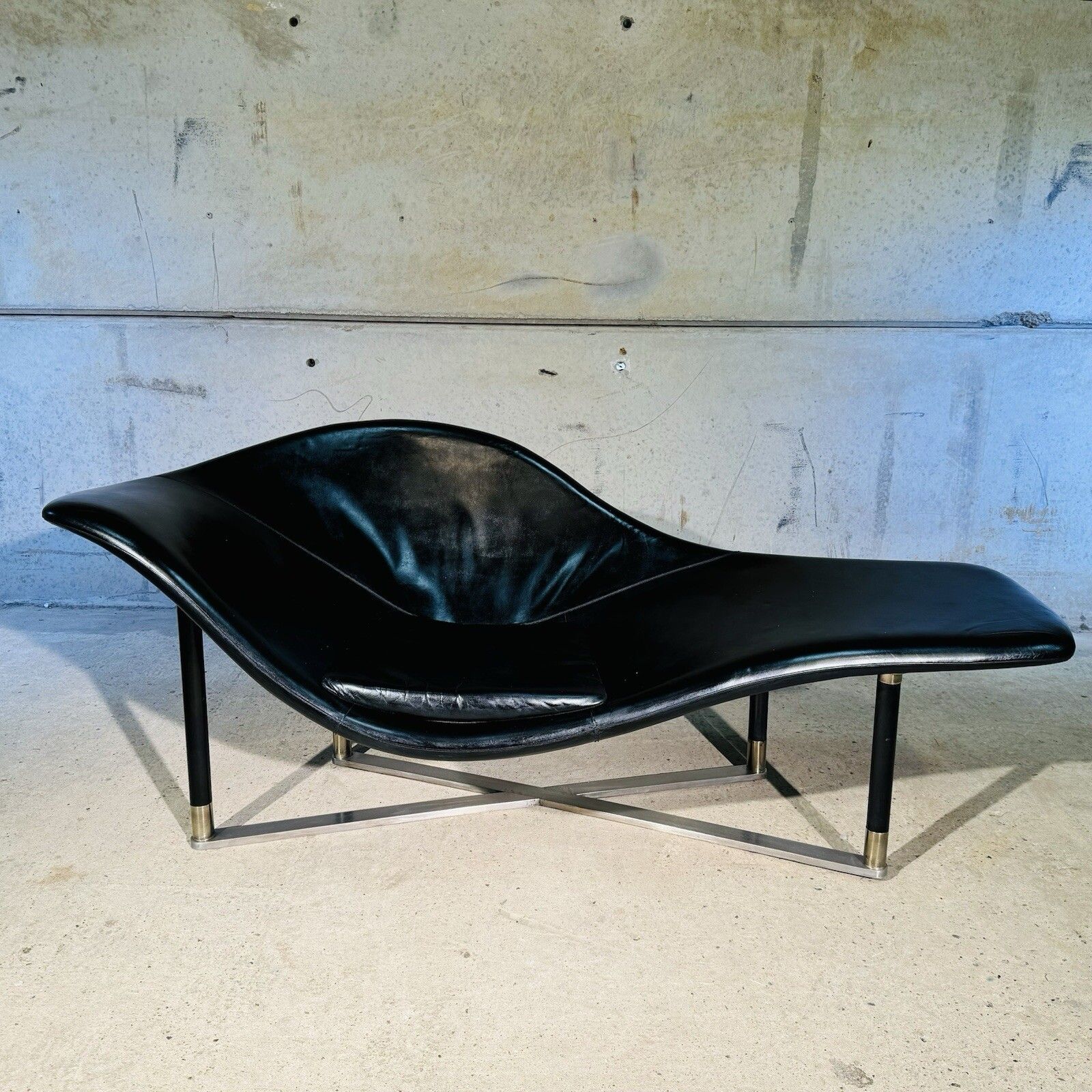 Stunning Contemporary Minimalist Chaise Lounge Black Leather Brass Base #A258 photo furniture